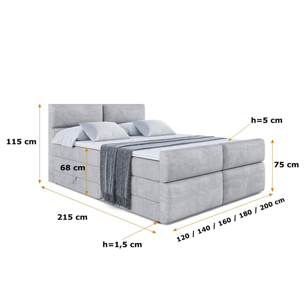 BOXSPRINGBETT BOXI3-Z KING - 120x200 - H3/H4 - Hellgrau - Hellgrau, Holzwerkstoff (120/200cm) - ALTDECOR