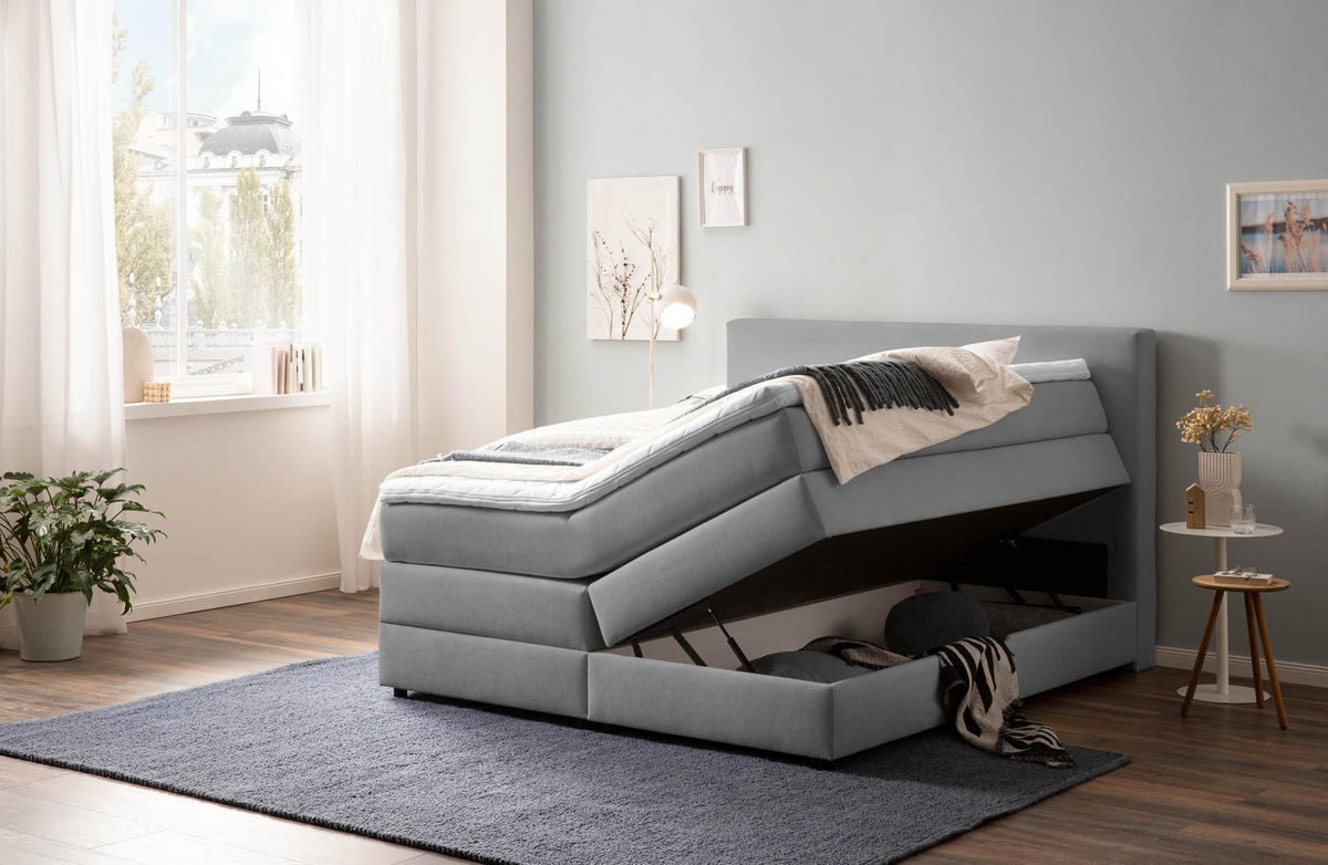BOXSPRINGBETT LOFT 180x200 Hellgrau H2 und H3 mit Bettkasten 7-Zonen Taschenfederkern Matratze inkl. Visco Topper - Hellgrau, Textil (180/200cm) - Belanoti