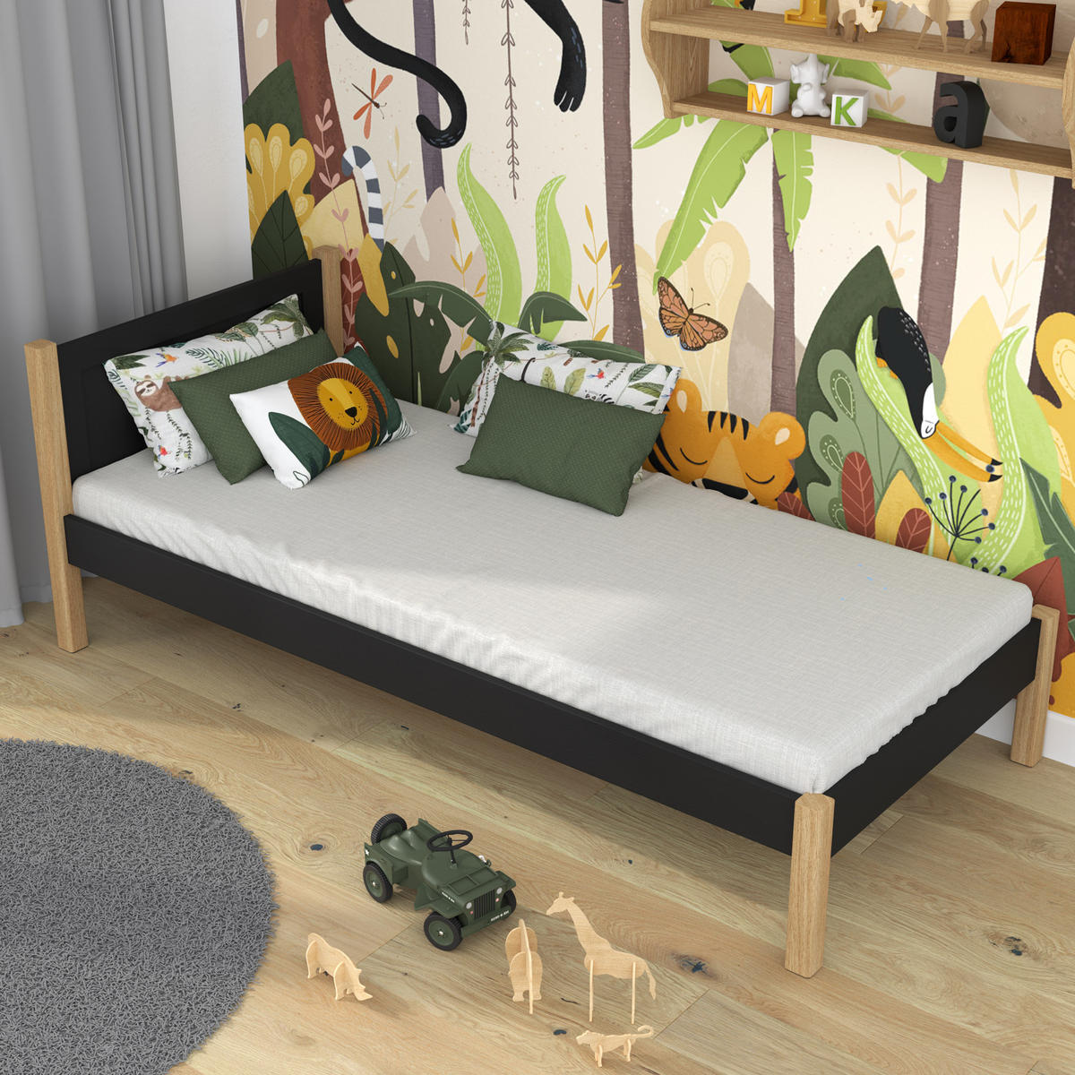 BETT N02 Schwarz / Eiche Natur 120/200 - Schwarz/Eiche Artisan, Naturmaterialien/Holz (120/200cm) - N-Wood