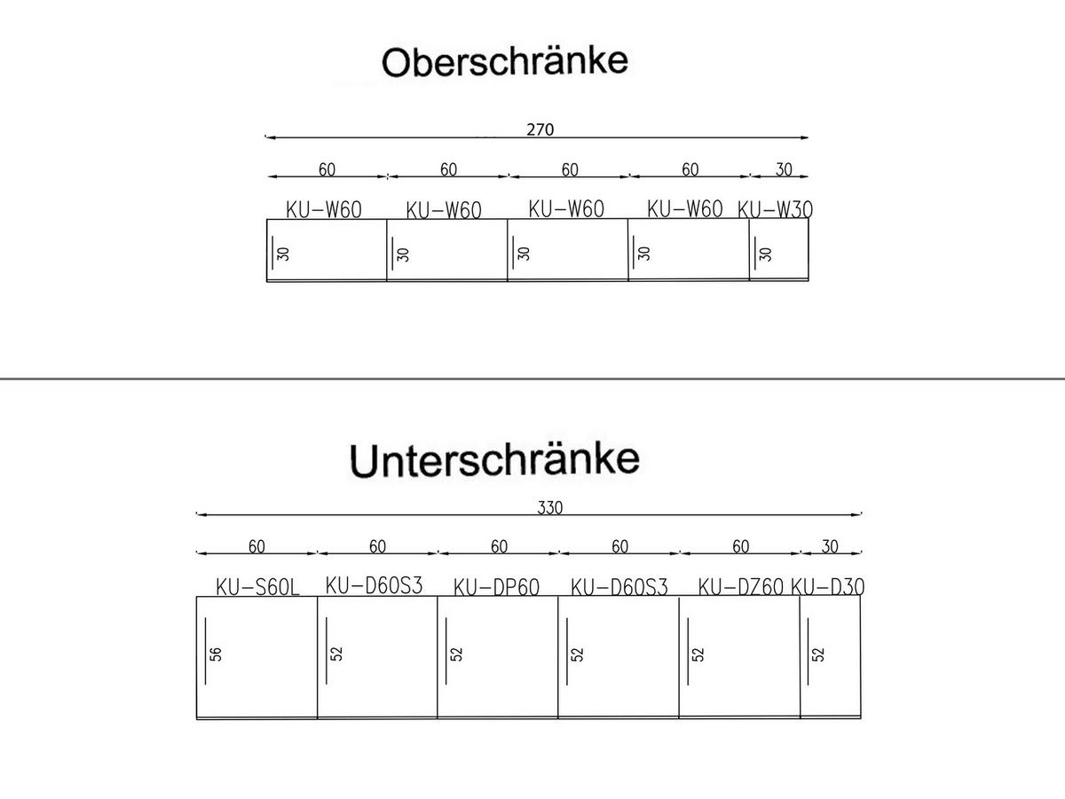 KÜCHENZEILE – 330 cm – KU-SA07 – Lunara – Grau Hochglanz – ohne E-Geräte - Schwarz/Grau, Holzwerkstoff/Metall (330/213/56cm) - hi-markt