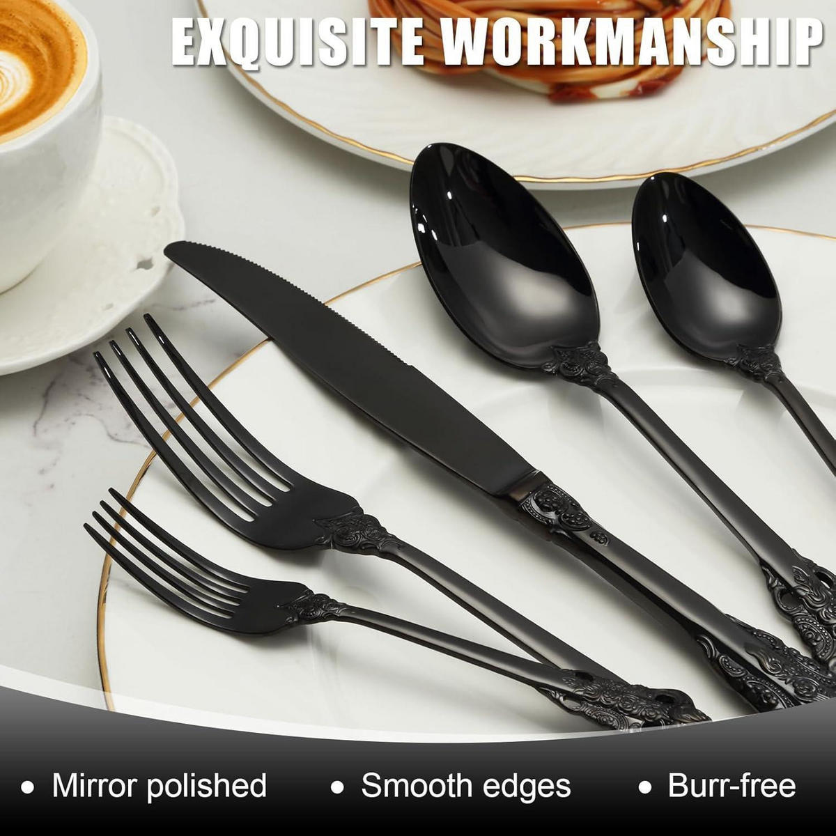 BESTECKSET 30-teiliges Set Schwarz Mattiert Edelstahl Geprägte Griffe Spülmaschinenfest - Schwarz, Metall