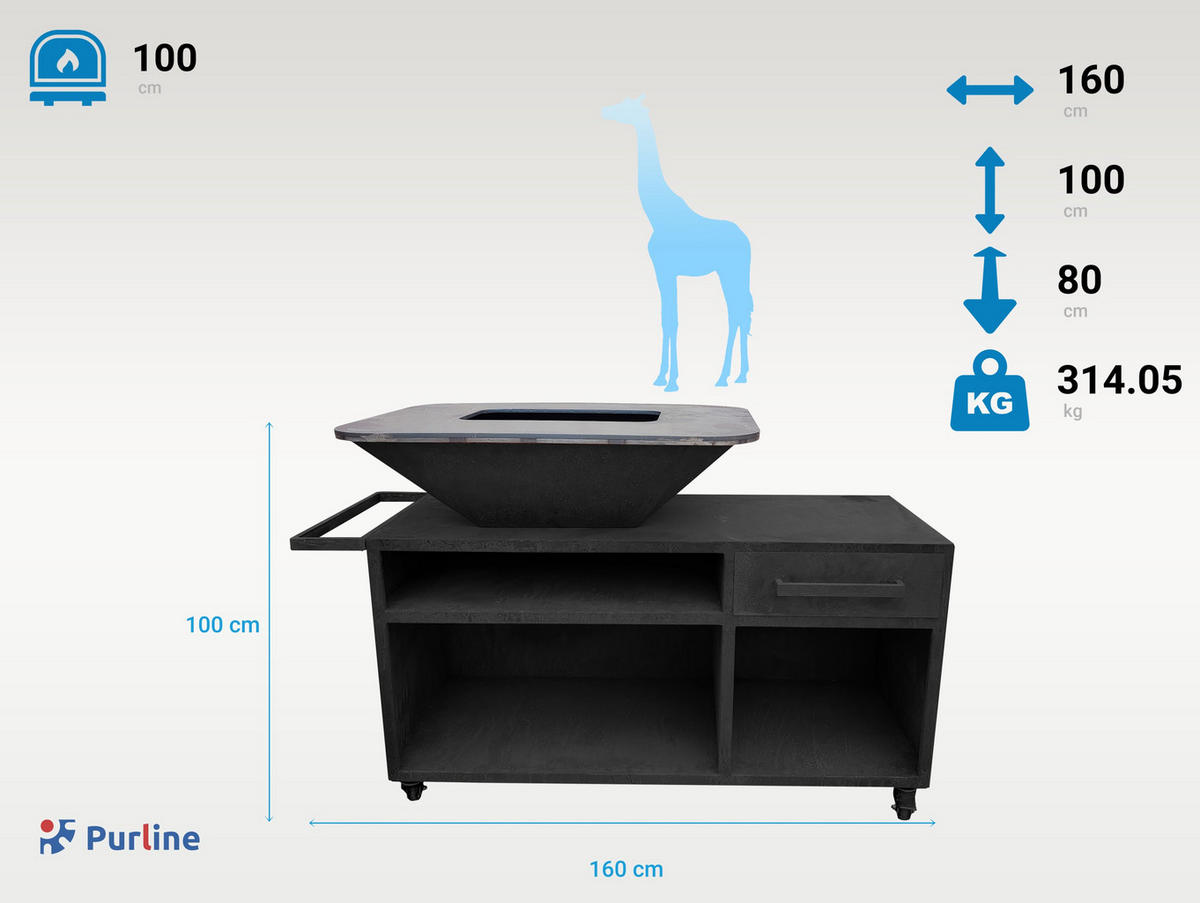 HOLZKOHLEGRILL Feuerschale Schwarz inkl. Schutzhülle - Schwarz, Metall (160/100/80cm) - Purline