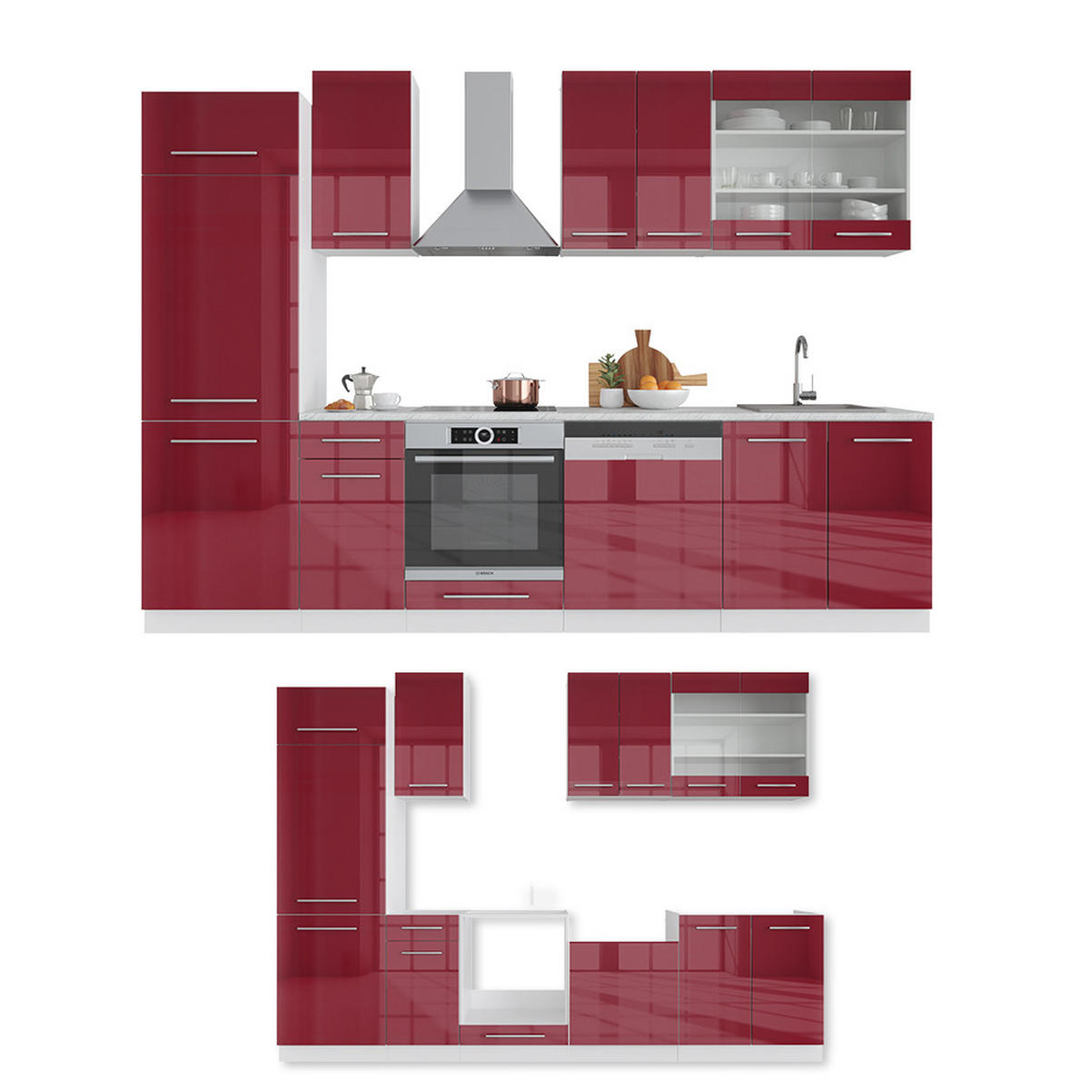 KÜCHENZEILE Fame-Line Bordeaux Hochglanz/Weiß 300 cm ohne AP - Bordeaux/Weiß, Holzwerkstoff (300/81.6/46cm) - Vicco