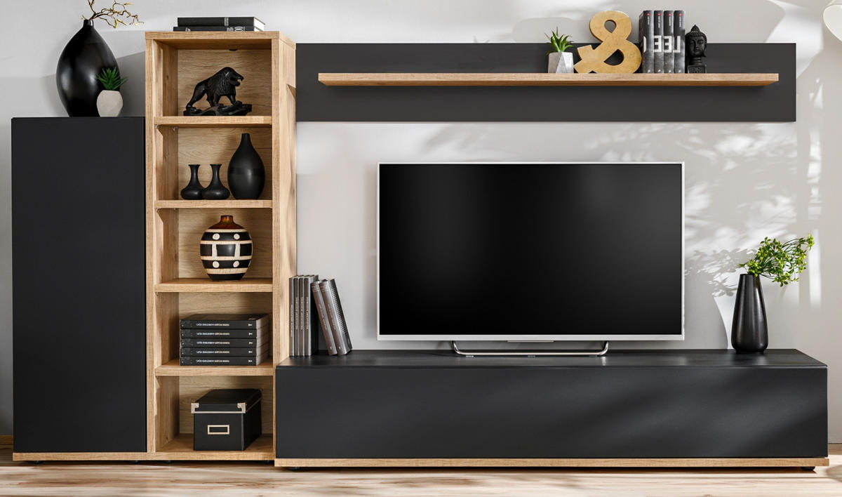 WOHNWAND schwarz, Ribbeck Eiche 240 cm, Schrankwand mit Push-to-Open - Eichefarben/Schwarz, Holzwerkstoff/Kunststoff (240/129/40cm) - Furn.Design