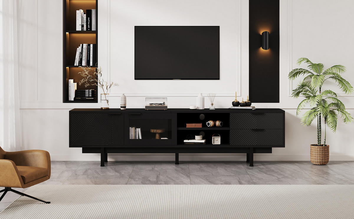 TV-SCHRANK 200/40/50,5 cm schwarz Spanplatte mit 2 Türen und 2 Schubladen - Schwarz, Holzwerkstoff (200/50.5/40cm) - OKWISH