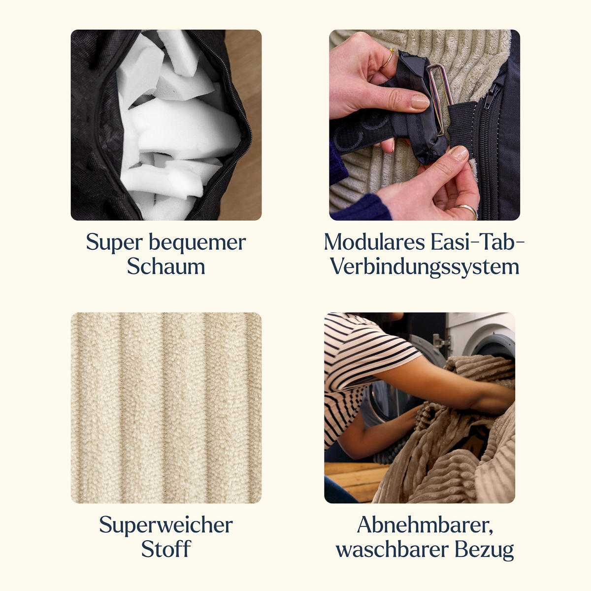 SITZSACK-SOFA 6-tlg. ZEN: 2 Ecksessel, 3 Sessel, Fußstütze - Beige, Textil (500/68/100cm) - icon