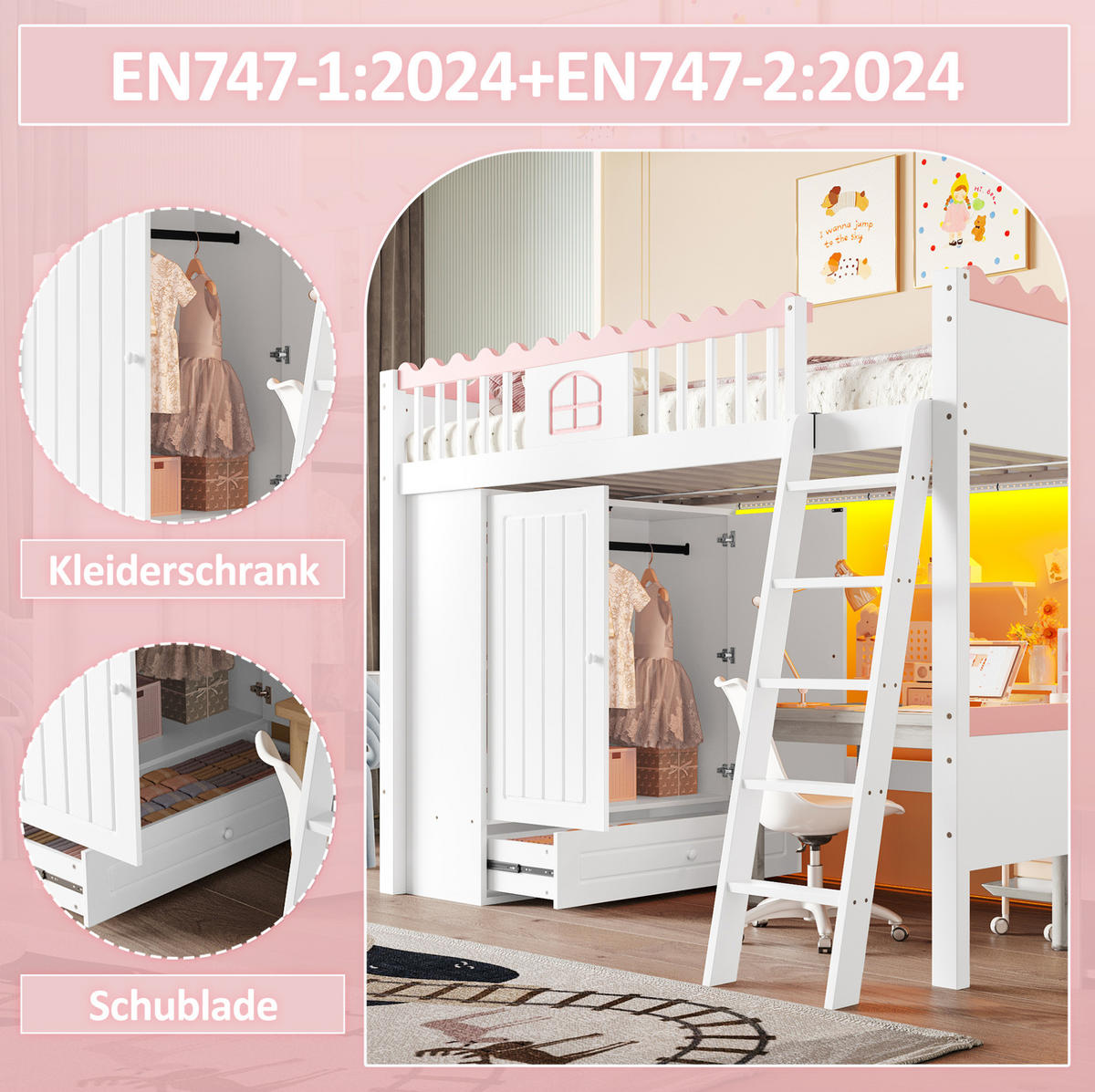 HOCHBETT aus Kiefer und MDF 90x200 cm Weiß mit Kleiderschrank, Schublade und LED-Beleuchtung - Weiß, Holzwerkstoff (90/200cm) - IVMEU