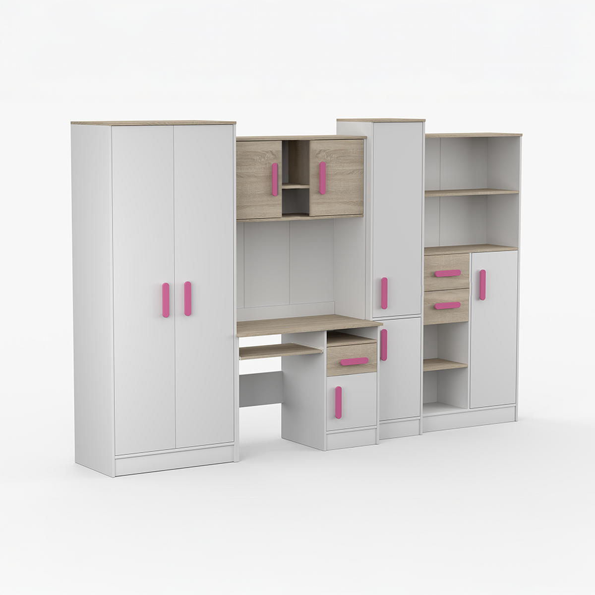 WOHNWAND Markus Weiß Sonoma Eiche mit griffenfarbe: Rosa - Weiß/Rosa, Holzwerkstoff (300/197/52cm) - imoebel24