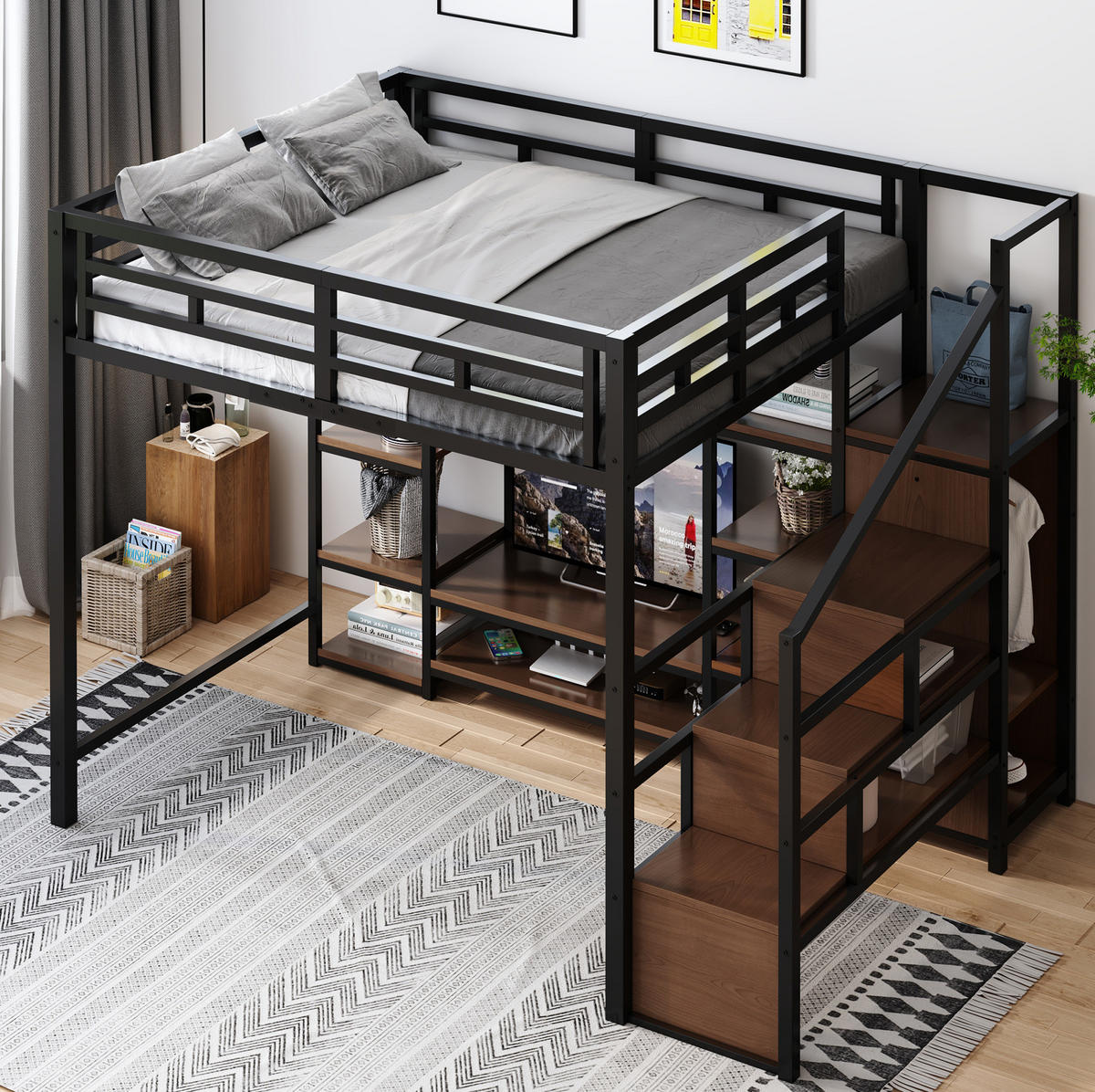 HOCHBETT Metall/MDF 140x200 cm Schwarz mit TV-Ständer, Steckdose und Aufbewahrungsleiter - Schwarz, Metall (140/200cm) - Modfu