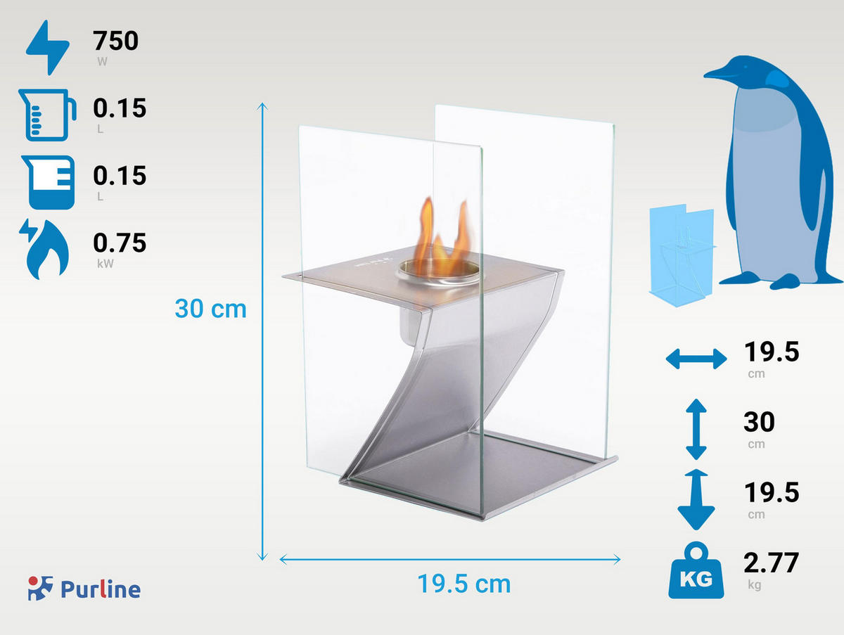 BIOETHANOL-KAMIN Silber Tischmodell inklusive 0.15 L Brennblock - Silberfarben, Glas (20/30/20cm) - Purline
