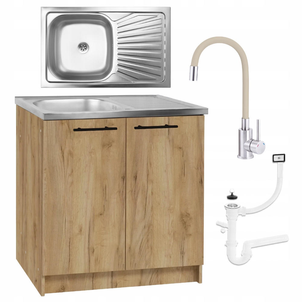 SPÜLUNTERSCHRANK 80cm mit Spüle + Armatur + Siphon Eichenfarbe - Eichefarben, Holzwerkstoff (80/82/50cm) - Stamar