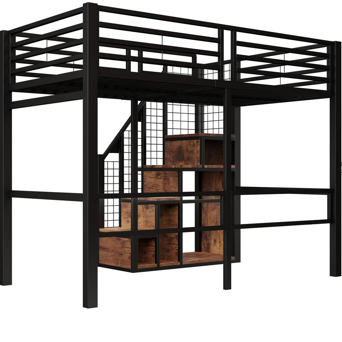 HOCHBETT aus Metall 90x200 cm in Schwarz mit Treppe & Stauraum - Schwarz, Metall (90/200cm) - Modfu