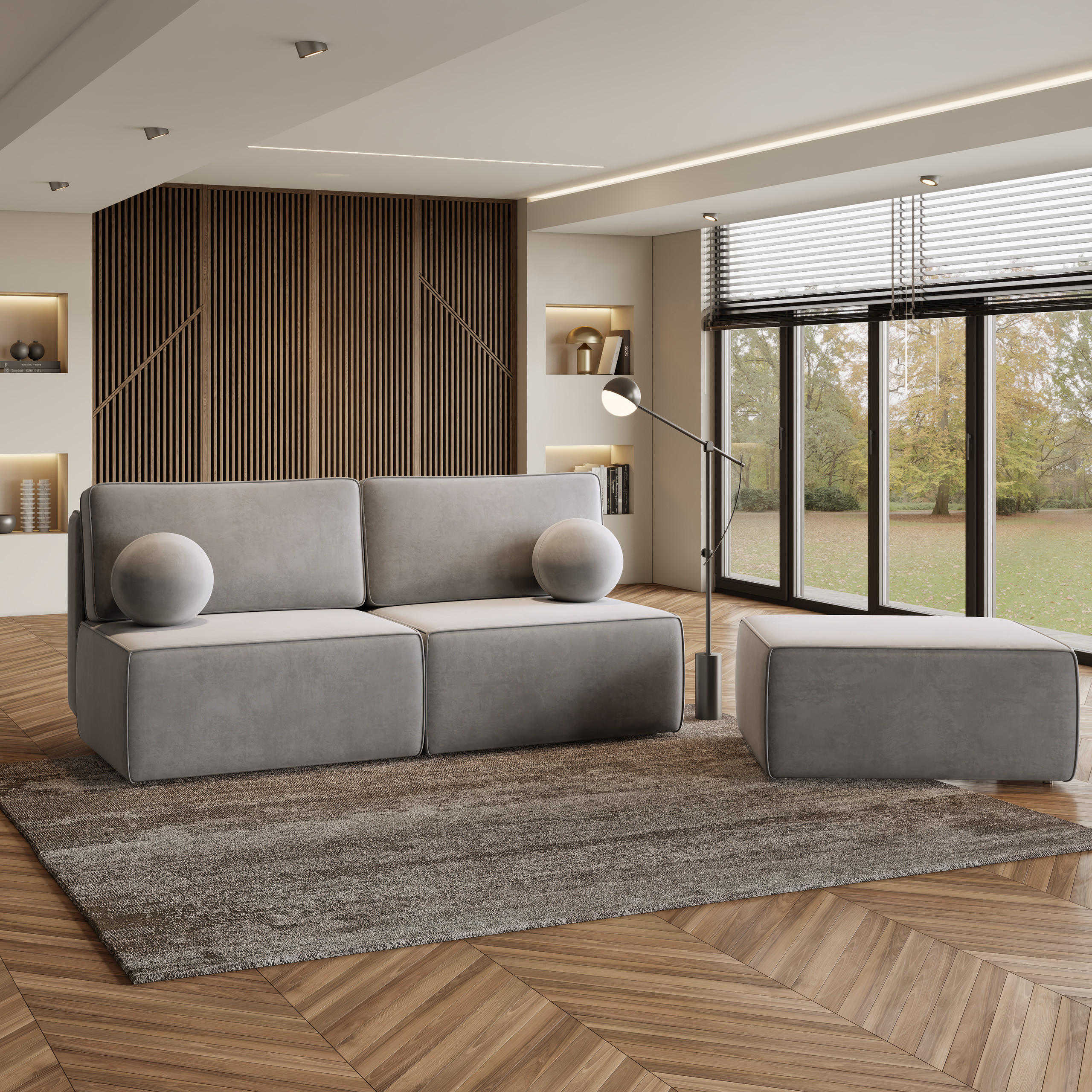 ECKSOFA VARNA M Hellgrau Velours-Stoff mit Schlaffunktion - Hellgrau, Holz (196/158cm) - MASSENO