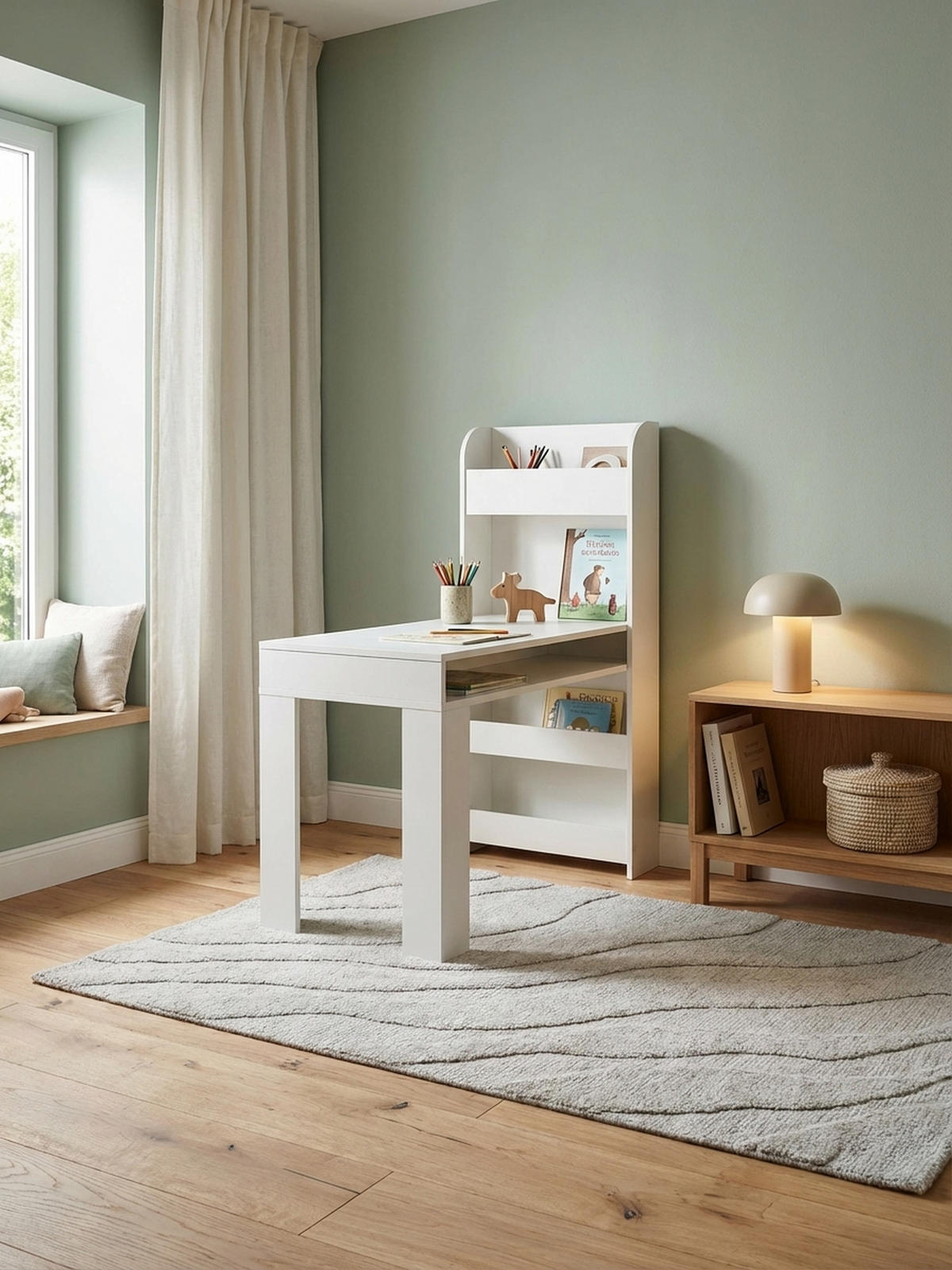 KINDERSCHREIBTISCH – Weiß, mit Regal, kratzfest, wasserabweisend, melaminbeschichtet - Weiß, Holz (90/110/50cm) - KADIMA DESIGN
