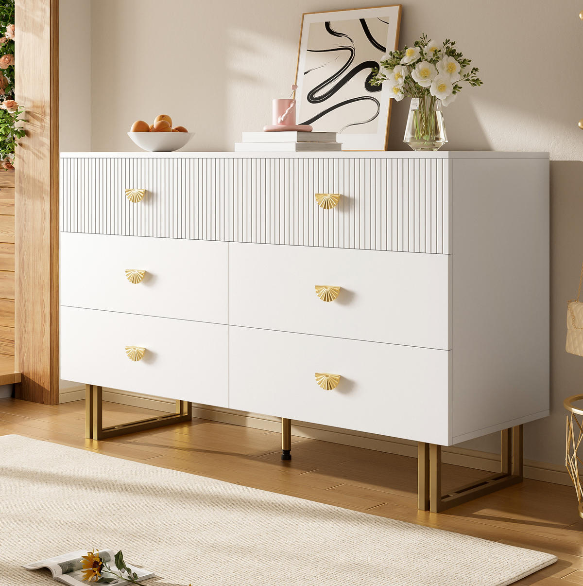 SIDEBOARD mit 6 Schubladen, weißes MDF und goldfarbene Zinkgriffe, 120/40/75 cm,weiß - Weiß, Holzwerkstoff (120/75/40cm) - Redom