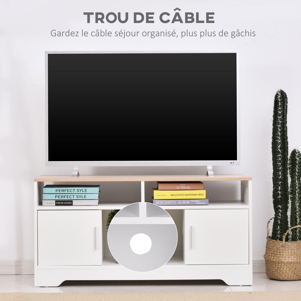 TV-LOWBOARD Weiß/Natur 105/40/52 cm, 2 Türen, Kabeldurchführung - Weiß, Holz (105/52/40cm) - PANGIVO