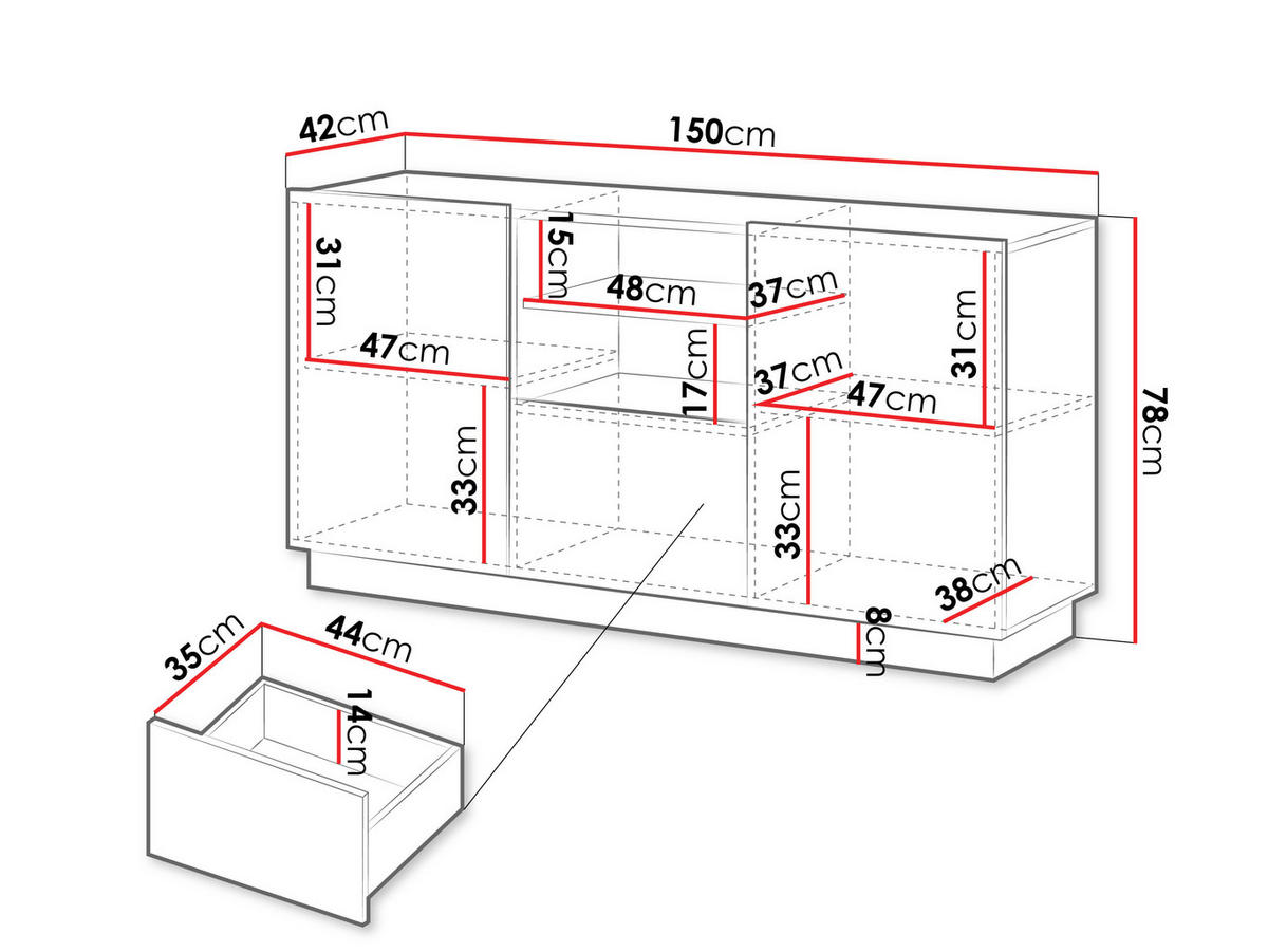 KOMMODE Liverti 150 2D1SZ - Kaschmir/Schwarz, Holzwerkstoff/Kunststoff (150/78/42cm) - MIRJAN24