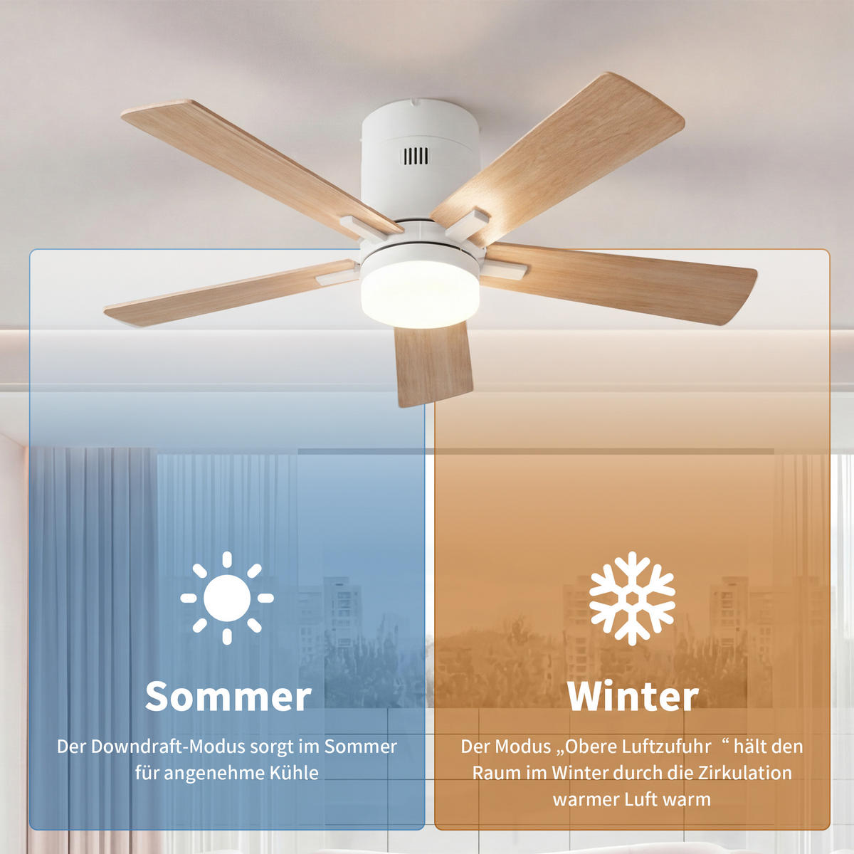 STROPNI ventilator z LED lučko, 106,6 cm, 5 lesenih lopatic, 6 hitrosti in časovnik - naravne barve, kovina (106.6/106.6/28cm) - EuroLiving