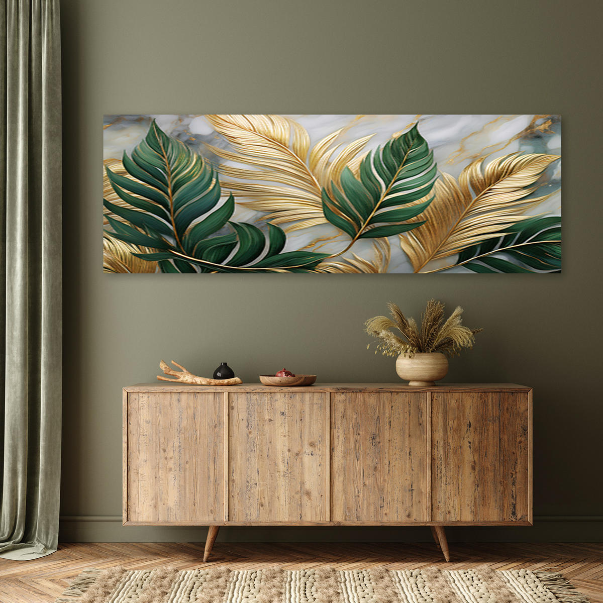 WANDBILD blätter botanik glamour marmor gold - Goldfarben, Textil (90/30cm) - Feeby