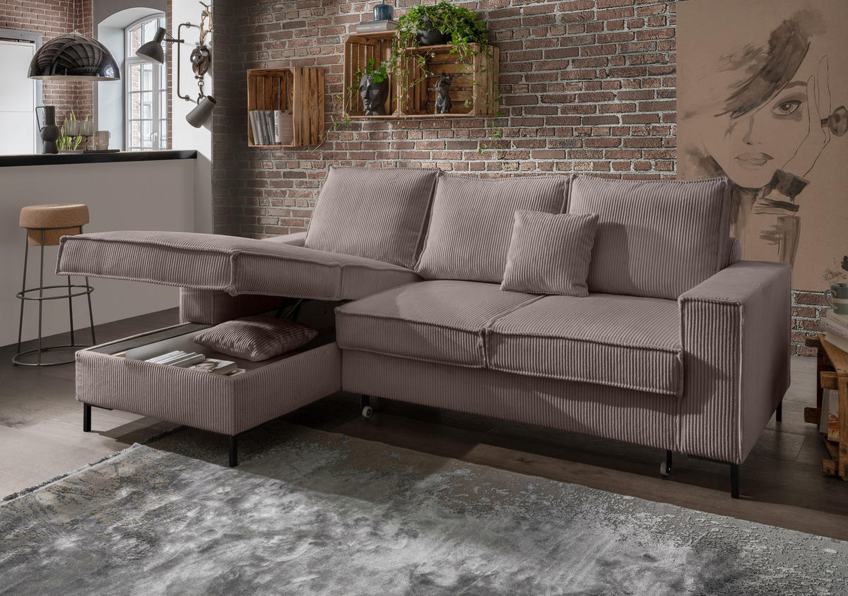 ECKSOFA mit Schlaffunktion, Bettkasten, Wellenunterfederung, Récamiere links B240/T150/H92 cm, Liegefl. 125x198 cm, Cord Braun Taupe / 17225 - Taupe/Schwarz, Textil/Metall (240/150cm) - luma-home
