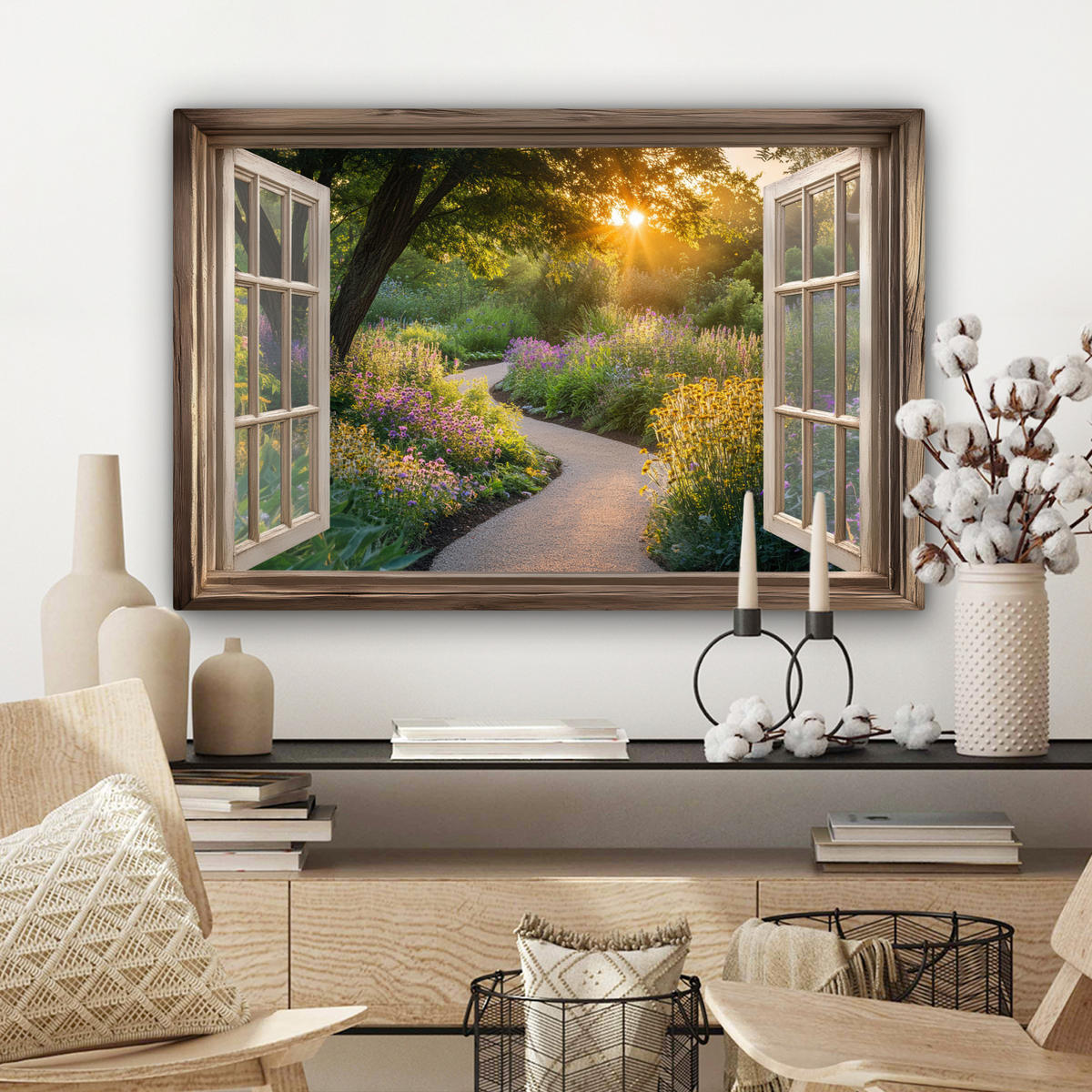 LEINWANDBILD Aussicht - Blumen - Natur - Sonne - Weg Gemälde 60x40 cm - Hellgelb, Textil (60/40cm) - MuchoWow