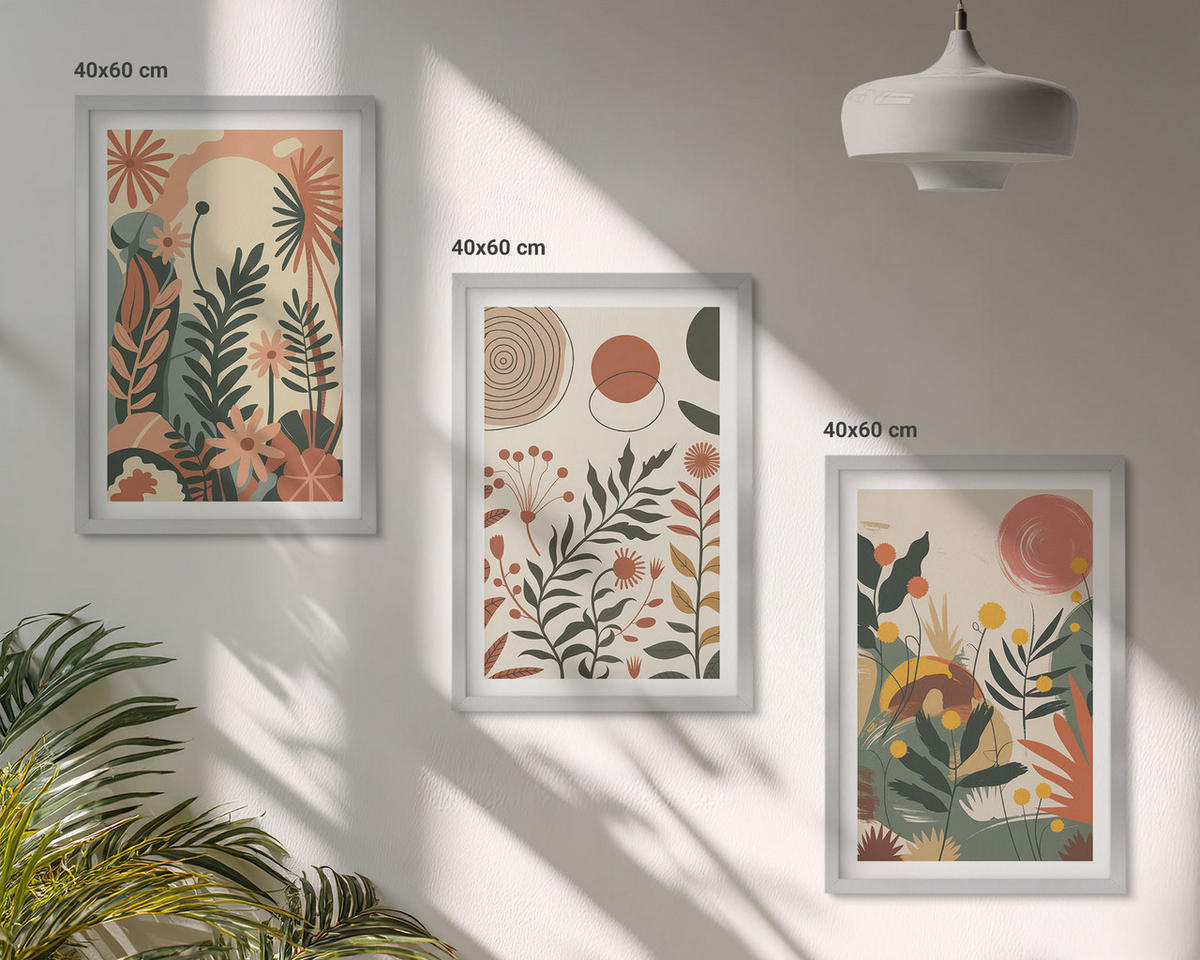 BILDER SET 3er Set - 40x60 cm Silberner Rahmen - Vintage-Pflanzenmuster in Pastellfarben - Silberfarben, Kunststoff (40/60cm) - TULUP
