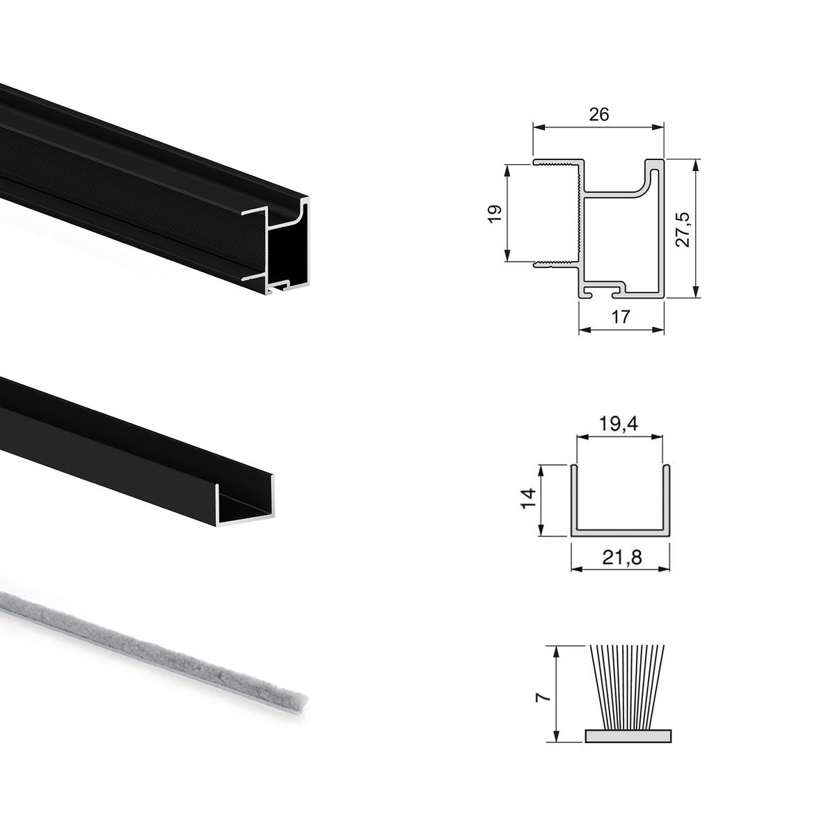HARDWARE SET für Placard 74 2-Schiebe-Kleiderschrank mit sanftem Schliessen, Griff-Modell Sharp, Stärke 19mm, ohne Paneele, Schwarz lackiert - Schwarz, Metall (3.4/7.4/235cm) - EMUCA