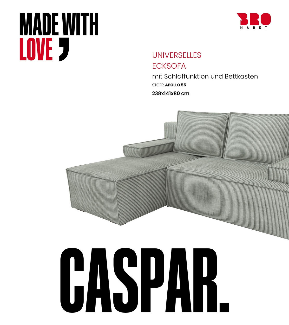 ECKSOFA Caspar mit Schlaffunktion Grau Cord - Hellgrau, Textil (200/141cm) - Bromarkt