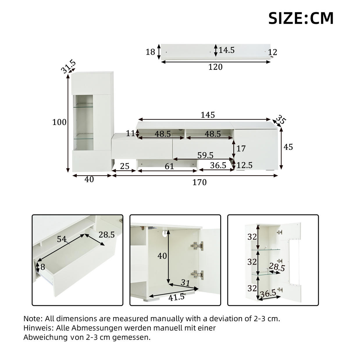 WOHNWAND aus Spanplatte 3-teilig 170x35x45/40x31,5x100/120x12x18 cm Weiß mit LED, Hochglanz und Soft-Close - Weiß, Holzwerkstoff (170/45/35cm) - Modfu