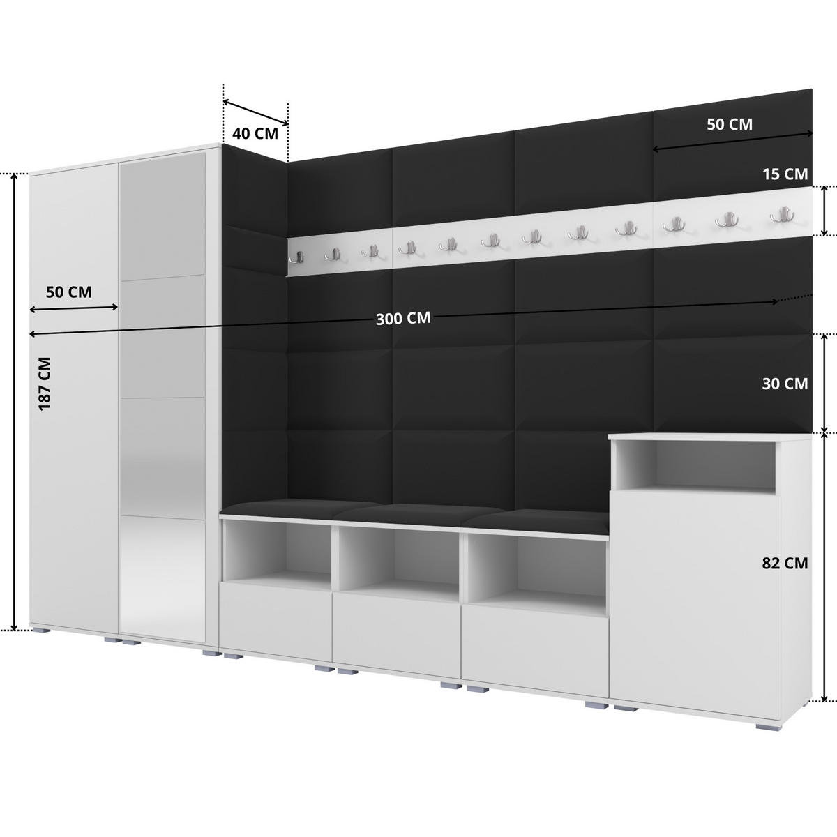 GARDEROBE NELA XII 300 cm (Modulare Flurmöbel Weiß mit Spiegel & Sitzpolster Schwarz 16 Gigantisches Set) - Silberfarben/Schwarz, Holz/Holzwerkstoff (300/187/40cm) - Ravio