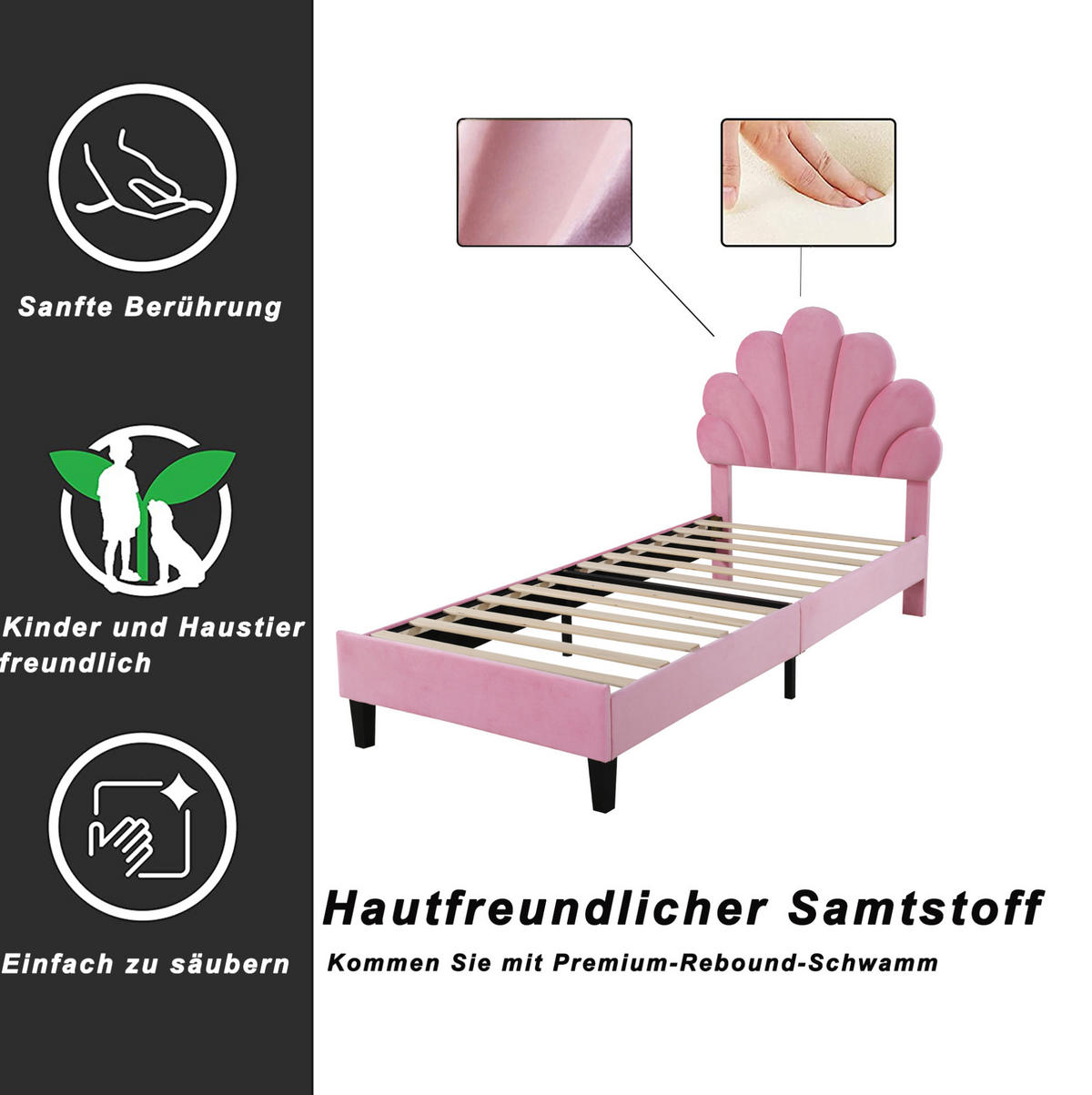 POLSTERBETT 90/200 cm mit Lattenrost, blumenförmigem Kopfteil und Samtbezug, Rosa - Rosa, Textil (90/200cm) - Redom