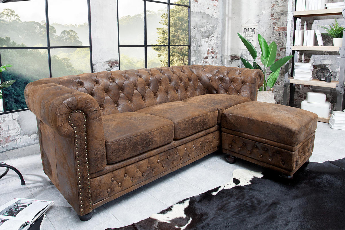 3-SITZER SOFA CHESTERFIELD Microfaser Braun 205 cm - Braun, Holz/Textil (205/73/85cm) - riess-ambiente