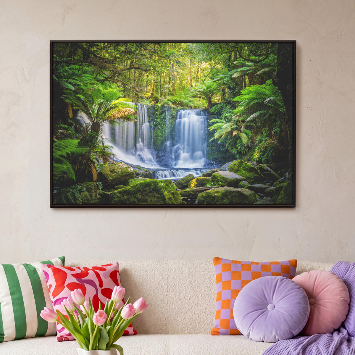 LEINWAND Bilder mit Rahmen - Dschungel - Wasserfall - Australien - Pflanzen - Natur - 90x60 - Dunkelgrün, Textil (90/60cm) - MuchoWow