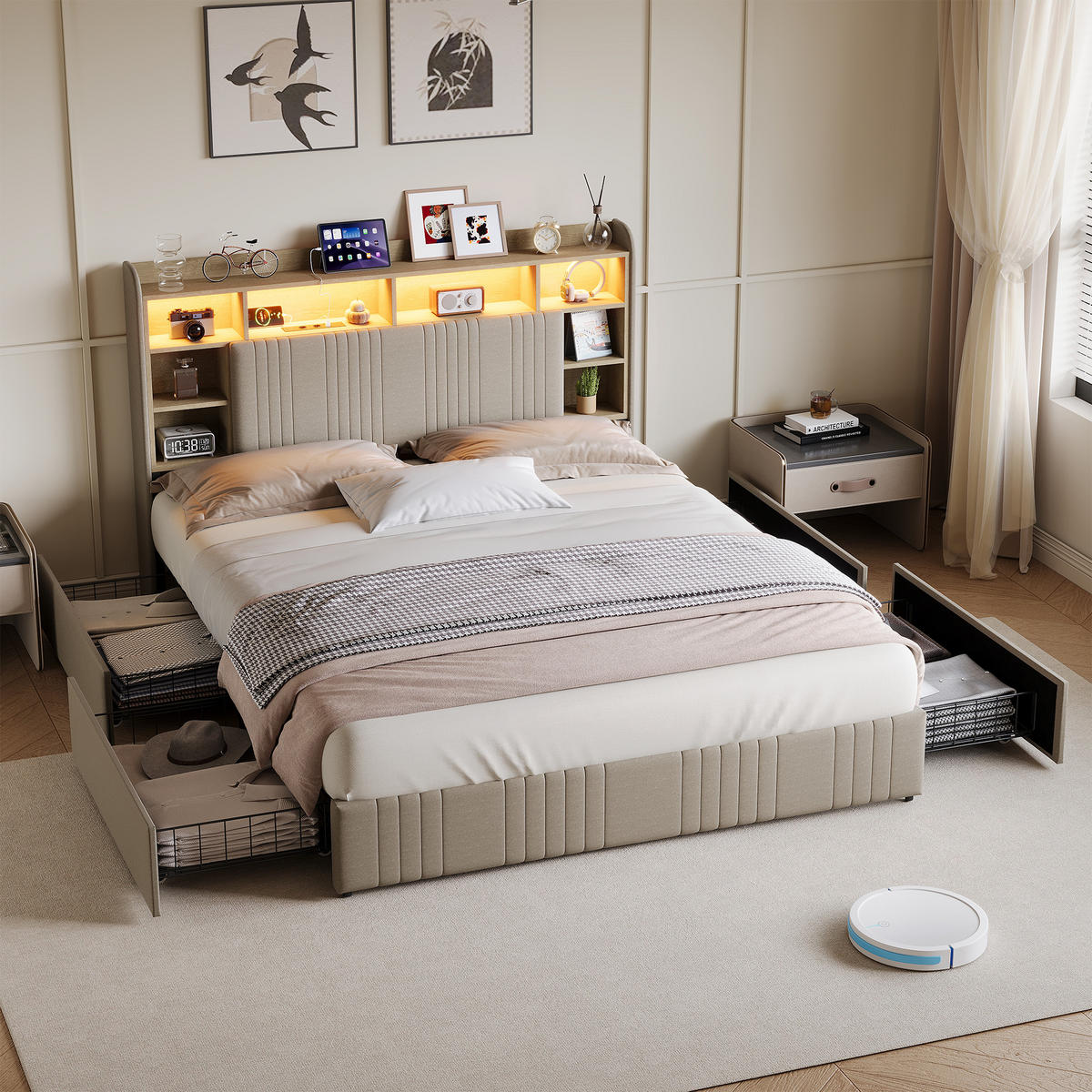 POLSTERBETT 160x200 cm LED USB 4 Schubladen Stauraum Kopfteil Leinen beige - Beige, Holz (160/200cm) - LEBENLANG