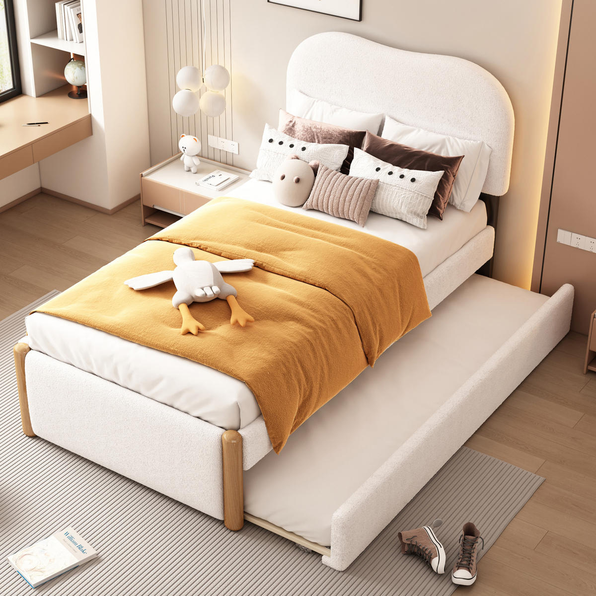 POLSTERBETT 90/200 cm Weiß aus Plüsch mit ausziehbarem Rollbett - Weiß, Textil (90/200cm) - OKMYHOME