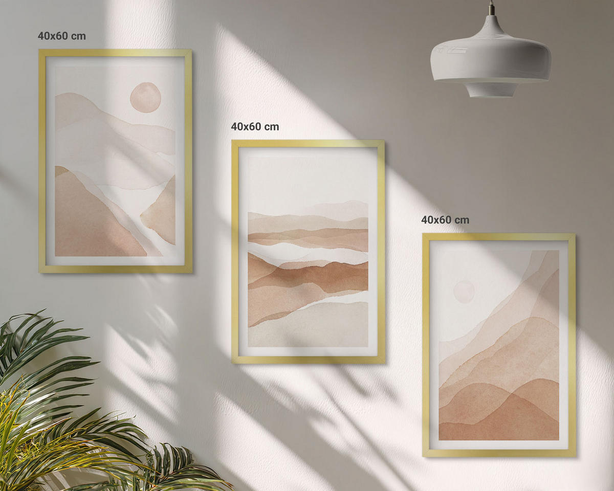 WANDBILDER 3er Set - 40x60 cm Goldrahmen - Abstrakte braune Landschaften - Goldfarben, Kunststoff (40/60cm) - ArtPrintCave