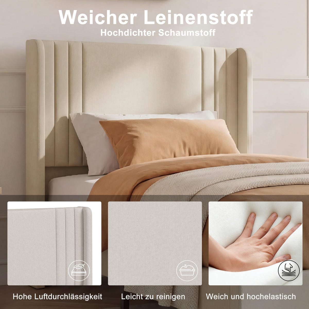 POLSTERBETT 90x200 cm Einzelbett mit Lattenrost, Leinenstoff Beige - Beige, Metall (90/200cm) - EuroLiving