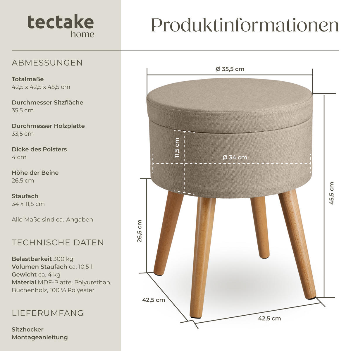 SITZHOCKER mit Stauraum Yara,42,5 x 42,5 x 45,5 cm,Sand - Sandfarben, Holz (42.5/45.5/42.5cm) - tectake