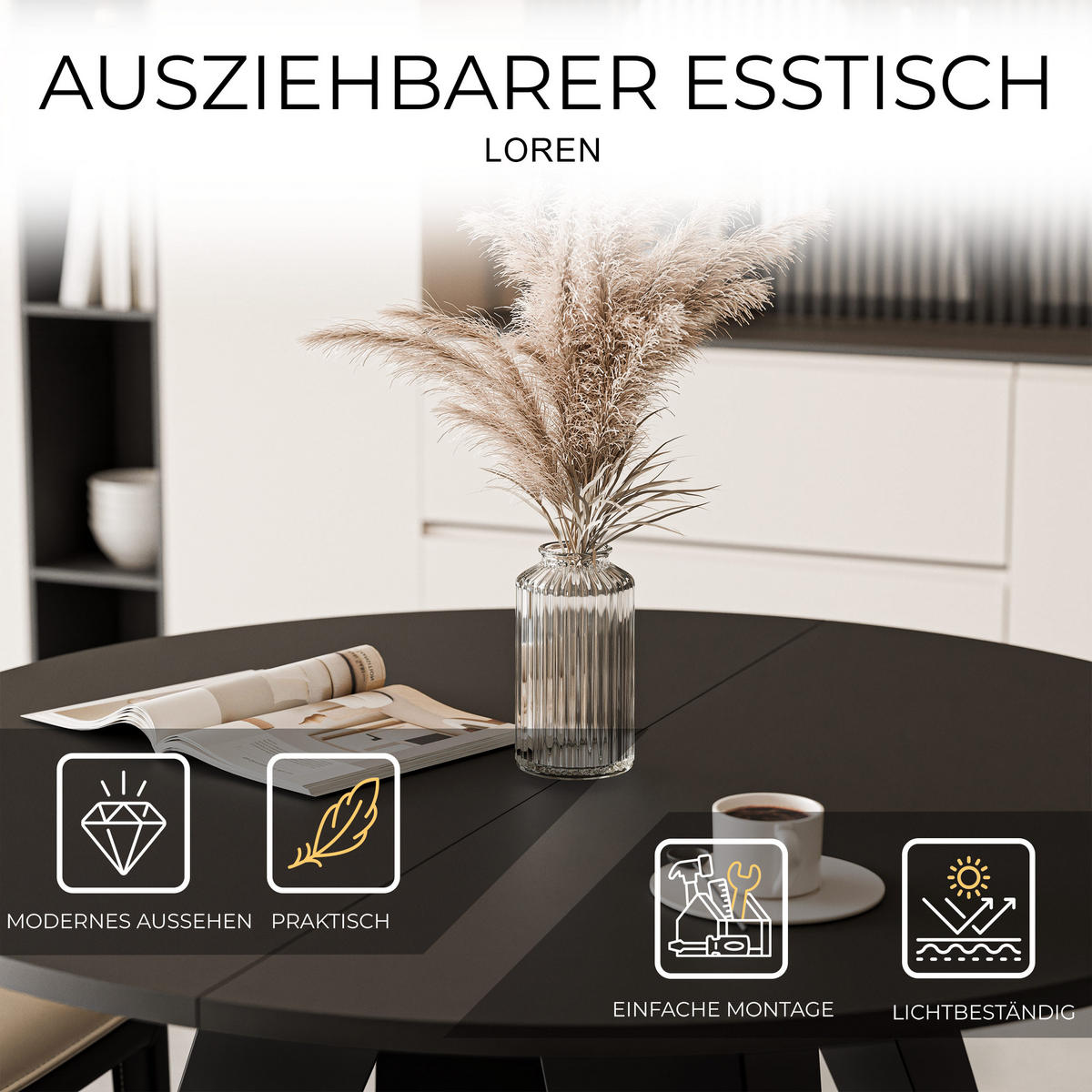 ESSTISCH ausziehbar auf MDF, Schwarz - Schwarz, Holzwerkstoff (90/90/76cm) - Idohome