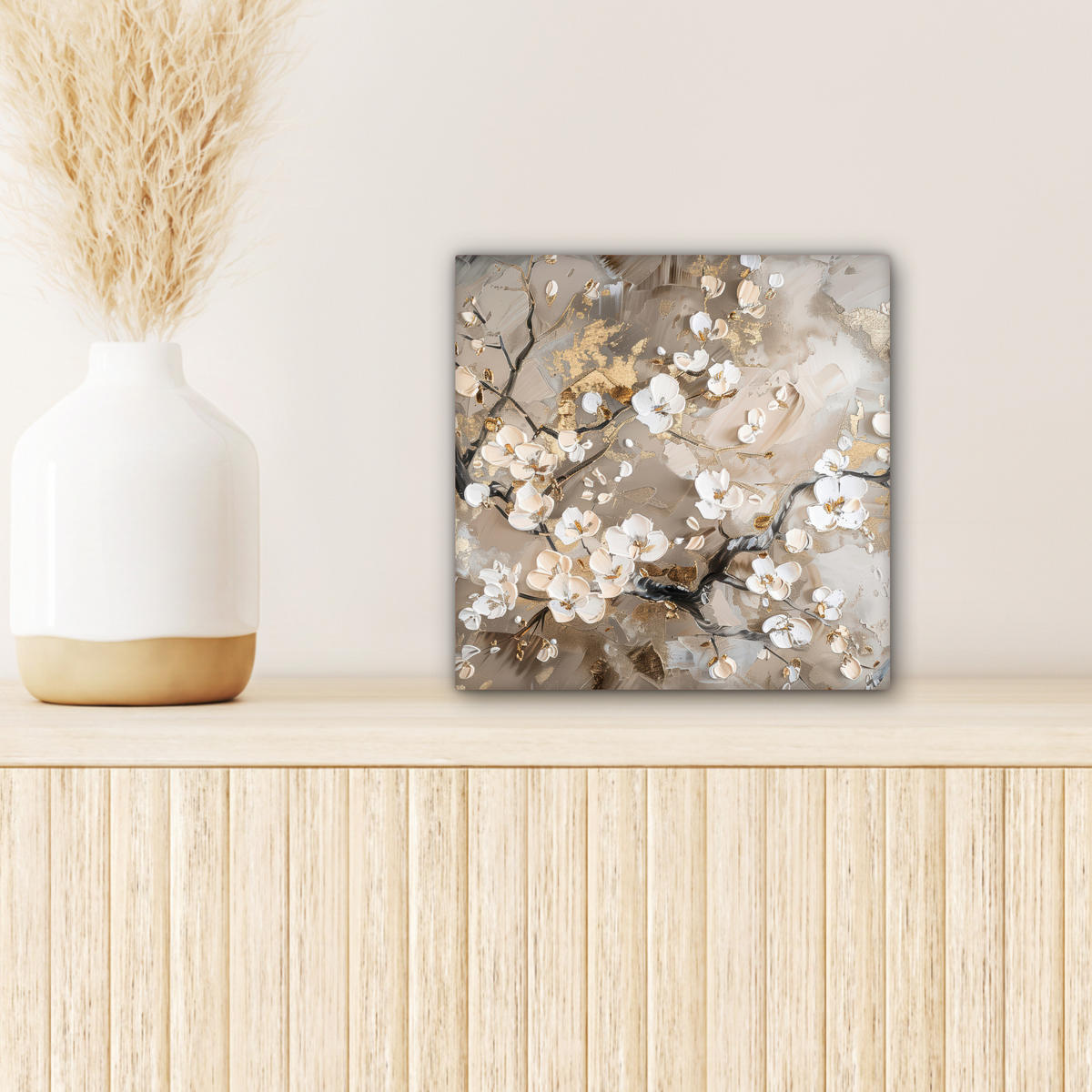 LEINWANDBILD - Blumen - Weiß - Gold - Beige - Luxus - 20x20 - Wandbilder - Greige, Textil (20/20cm) - MuchoWow