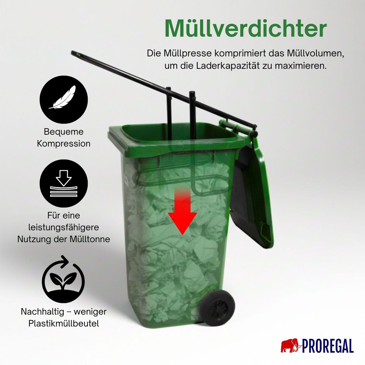 MÜLLPRESSE Pressforce manuell für 60 bis 240 Liter Mülltonne - Schwarz, Metall (102/79/39cm) - PROREGAL