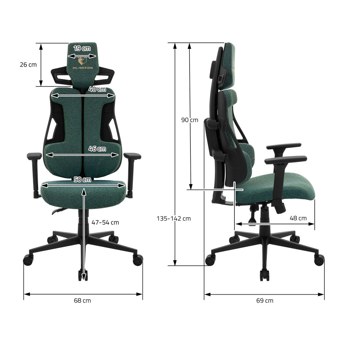 HERNÍ ŽIDLE s látkovým potahem v zelené barvě, individuálně nastavitelná - černá/zelená barva, kov/textil (69/142/68cm) - ML-DESIGN