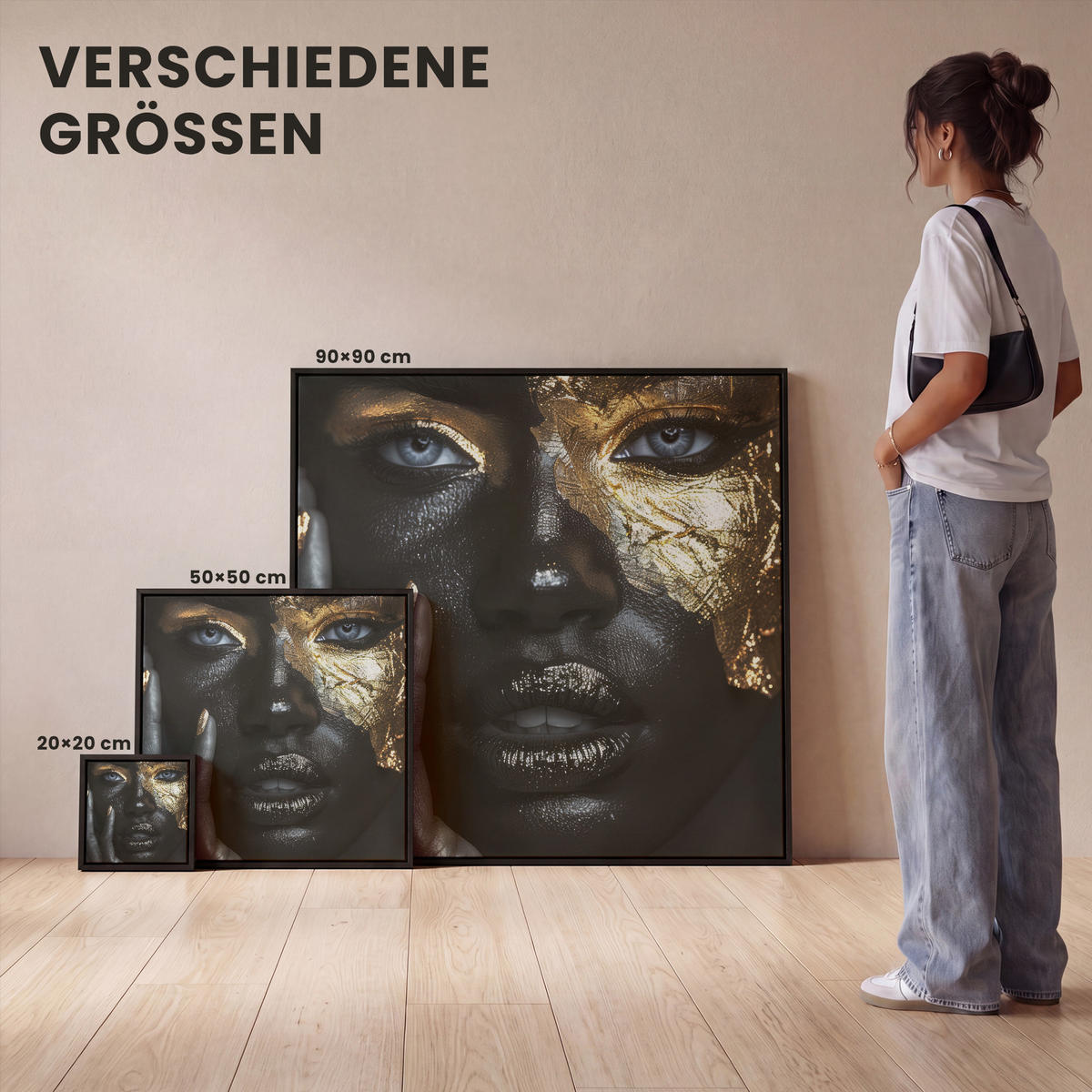 LEINWAND Bilder mit Rahmen - Frau - Gold - Porträt - Schwarz-Weiß - Luxus - 20x20 - Hellblau, Textil (20/20cm) - MuchoWow