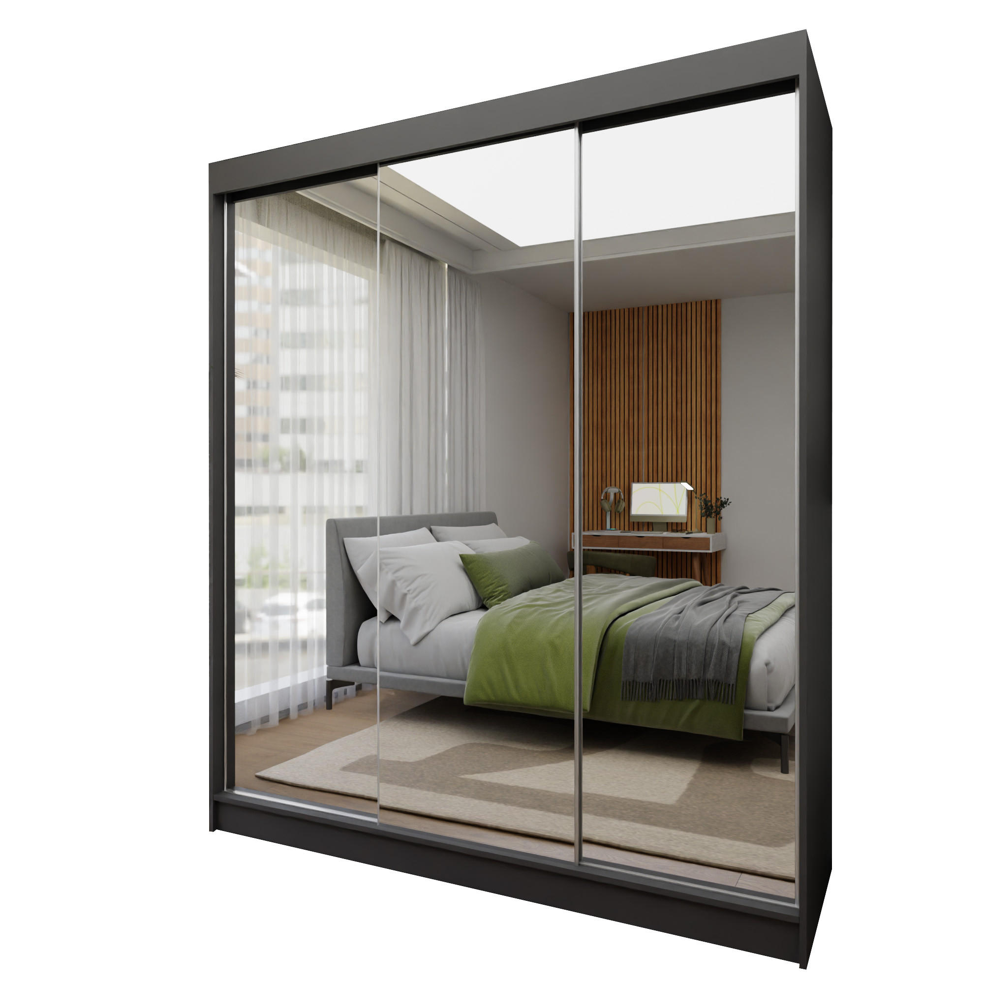 SCHWEBETÜRENSCHRANK BELLINA 180/216/61 cm 3-türig mit Spiegel Grau - Grau, Holzwerkstoff (180/216/61cm) - MASSENO