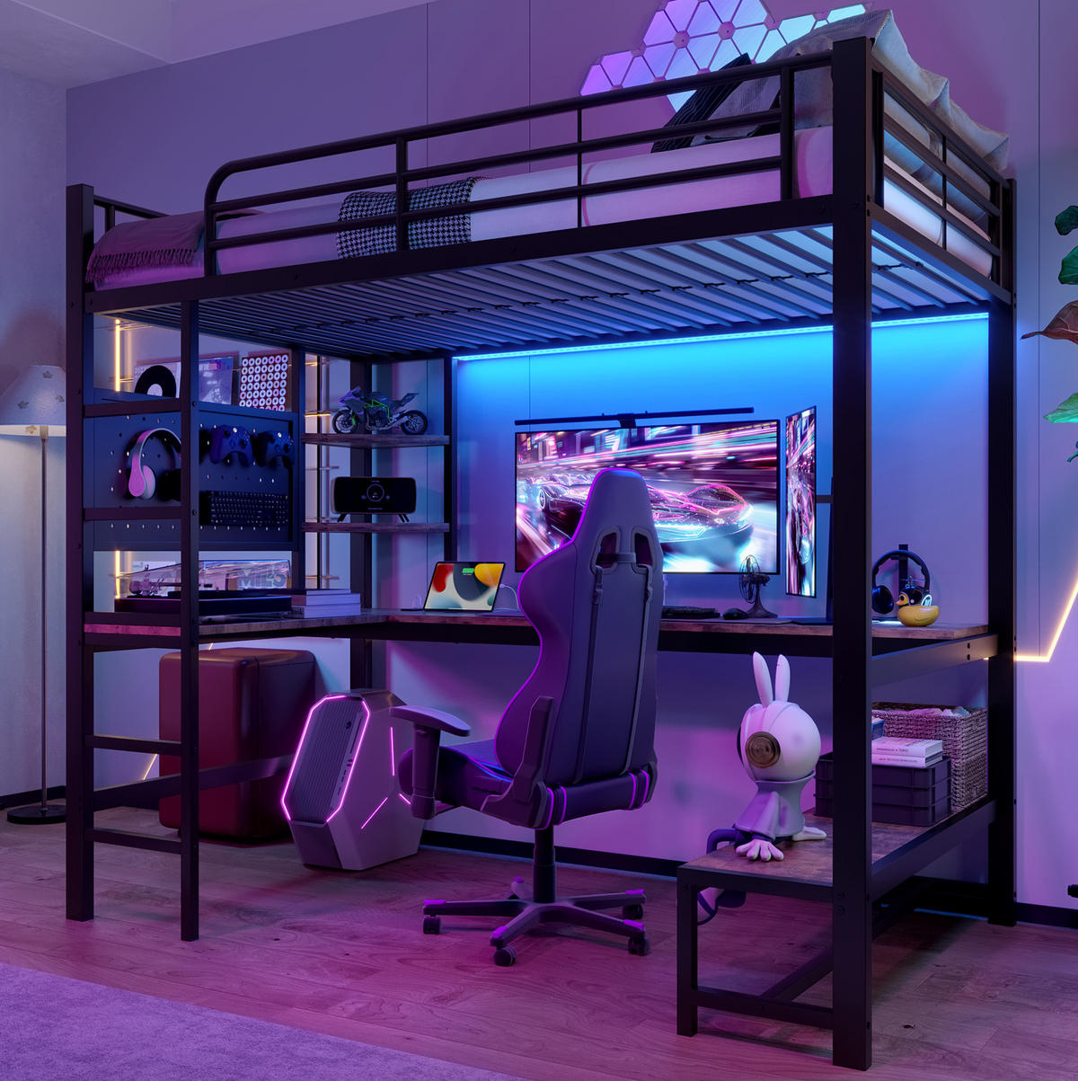 HOCHBETT 90/200 cm aus Metall mit Schreibtisch und LED-Leiste Schwarz - Schwarz, Metall (90/200cm) - Modenvie