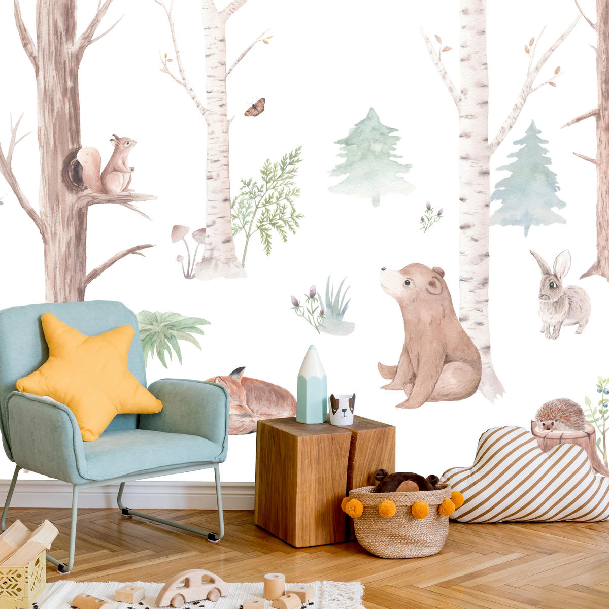 FOTOTAPETE für Kinderzimmer Wilde Waldtiere Aquarell Bäume 500x350 - Orange/Braun, Papier (500/350cm) - Muralo