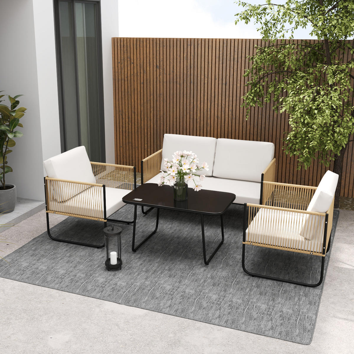 GARTENSET DE-13620 4-teilig mit Glastisch & Kissen Creme - Creme, Kunststoff/Metall - ComfortXL