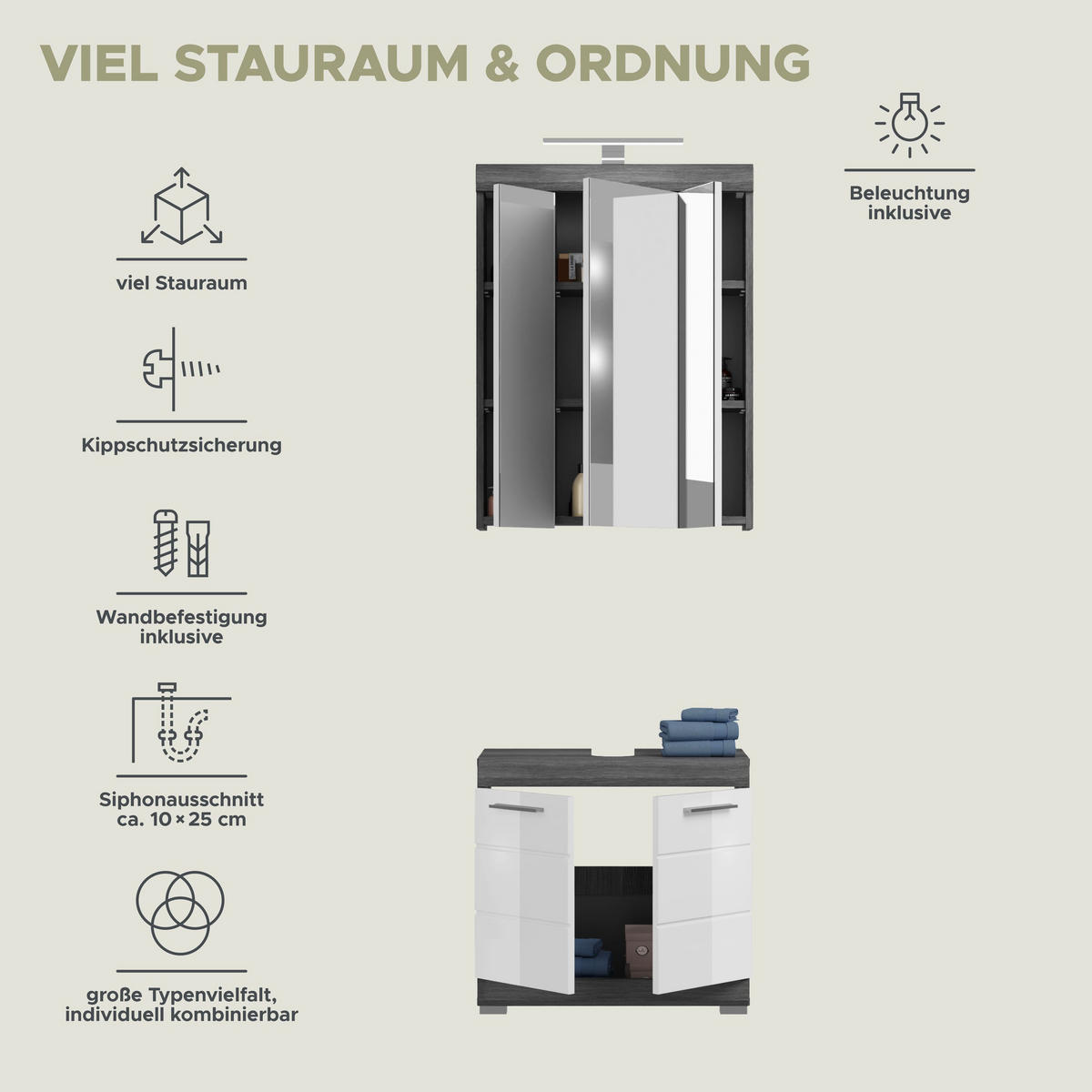 BADKOMBINATION 2tlg. Scout Bad in Rauchsilber Nachbildung und weiß hochglanz B/H/T: 60x191x34 cm - Anthrazit, Holz (60/191/34cm)