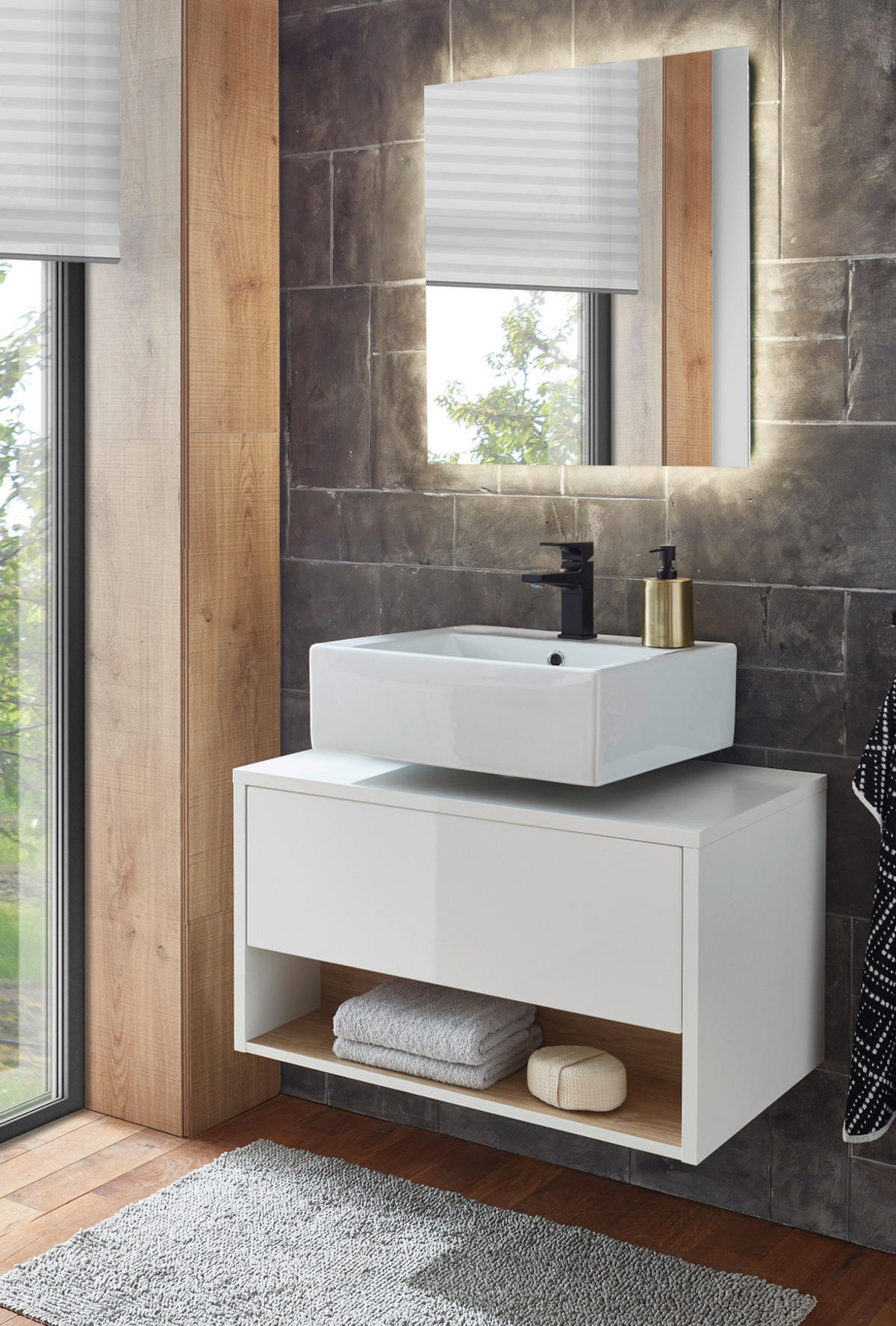 BADMÖBEL-SET 2-teilig weiß Hochglanz und Eiche, Badezimmer Set mit LED Beleuchtung, 80 cm - Weiß Hochglanz, Glas/Holzwerkstoff (80/190/46cm) - Furn.Design