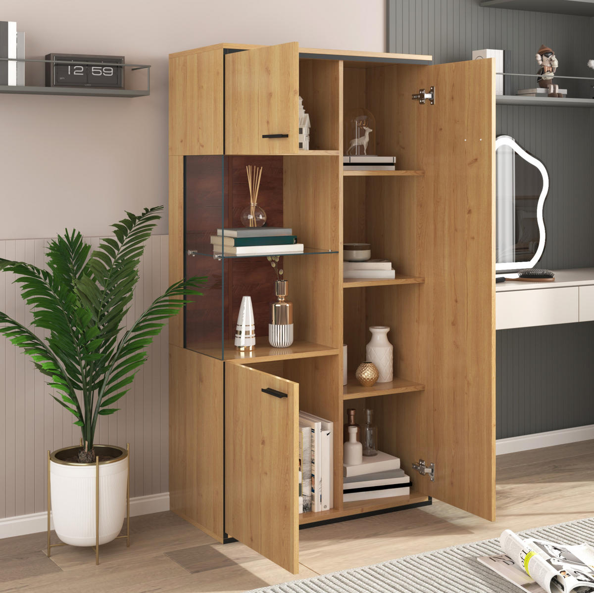 VITRINE 40/77,5/150 cm naturfarben aus MDF mit Glastür und LED - Naturfarben, Holzwerkstoff (77.5/150/40cm) - OKWISH